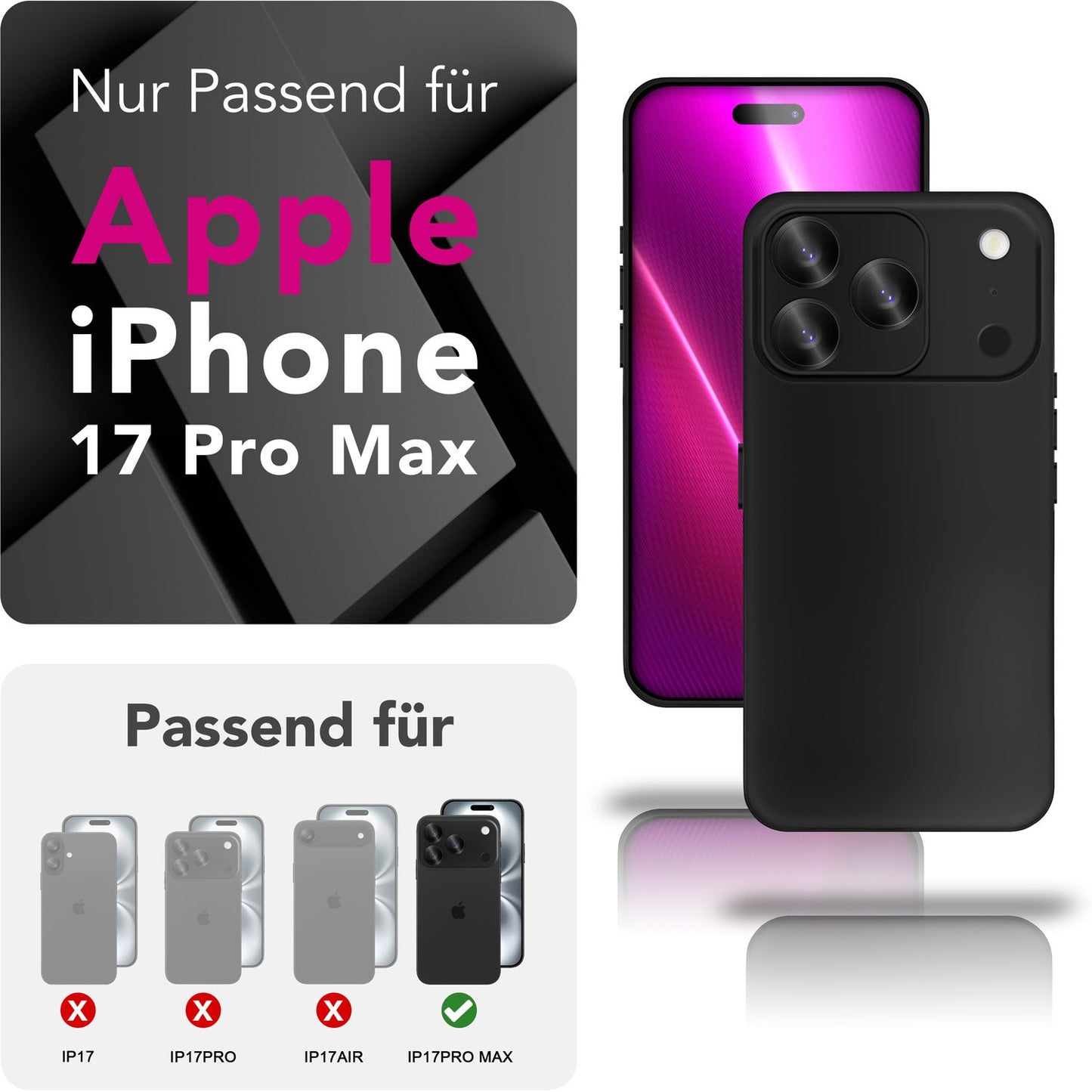 NALIA Matte Silikonhülle für iPhone 17 Pro Max – Slim, Schwarz & Rutschfest – STRIDER (Soft Case, Kameraschutz & Stoßfest) – Marke aus Berlin
