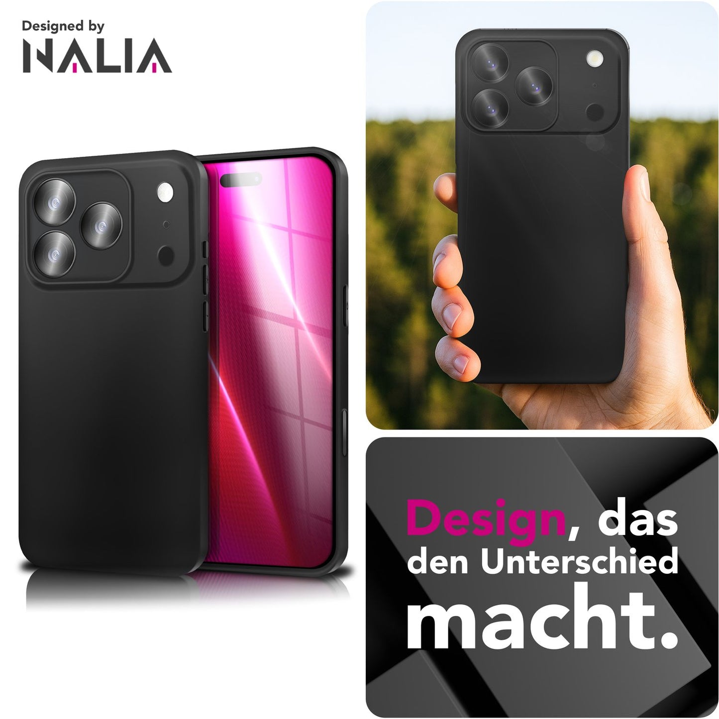 NALIA Matte Silikonhülle für iPhone 17 Pro Max – Slim, Schwarz & Rutschfest – STRIDER (Soft Case, Kameraschutz & Stoßfest) – Marke aus Berlin