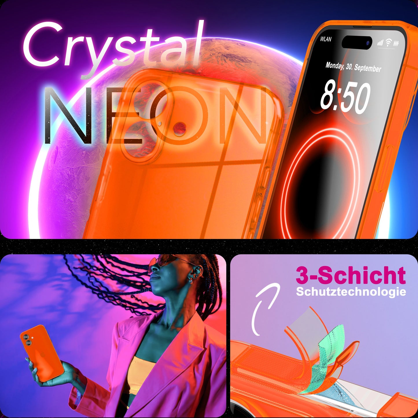 NALIA Neon Silikonhülle für iPhone 17 – Knallige Signal-Farbe & Linsenschutz – VIBE (Transparentes Case) – Marke aus Berlin