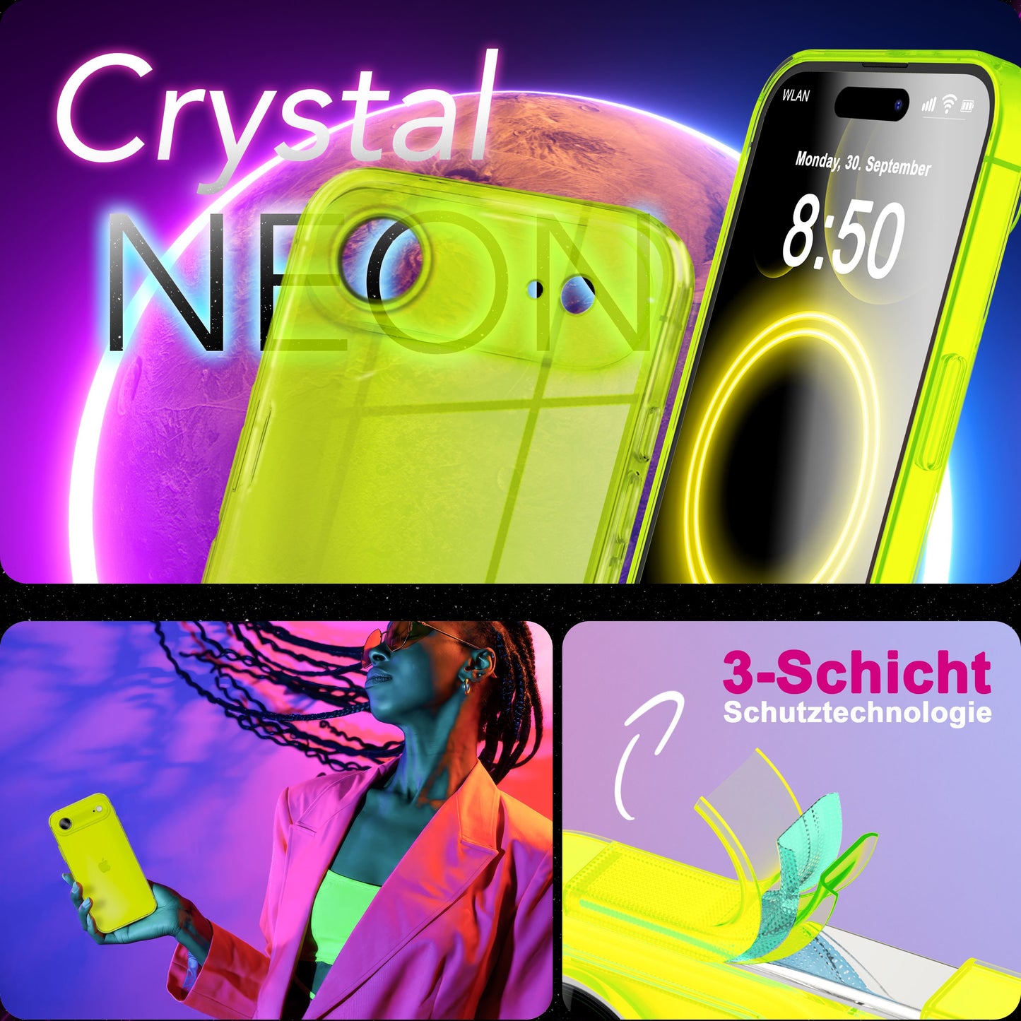 NALIA Neon Silikonhülle für iPhone 17 Air – Knallige Signal-Farbe & Linsenschutz – VIBE (Transparentes Case) – Marke aus Berlin