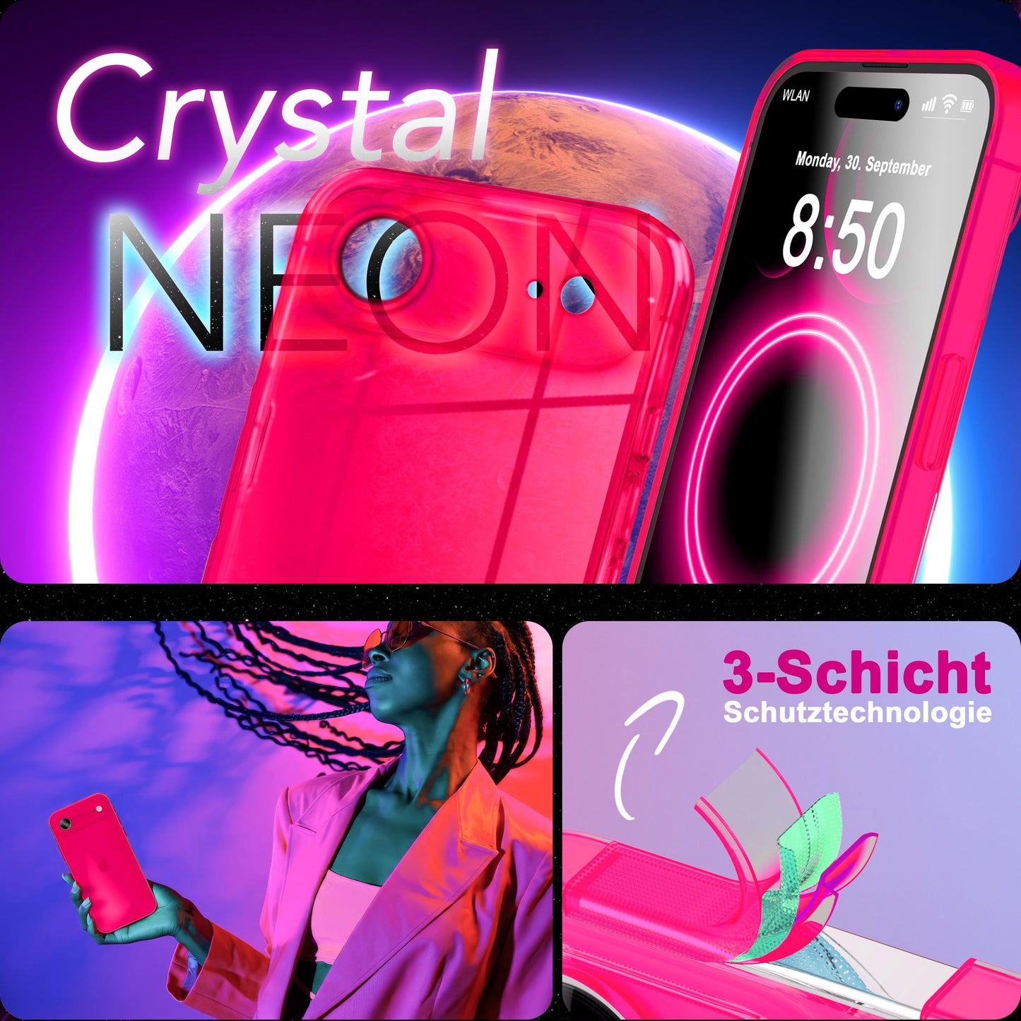 NALIA Neon Silikonhülle für iPhone 17 Air – Knallige Signal-Farbe & Linsenschutz – VIBE (Transparentes Case) – Marke aus Berlin