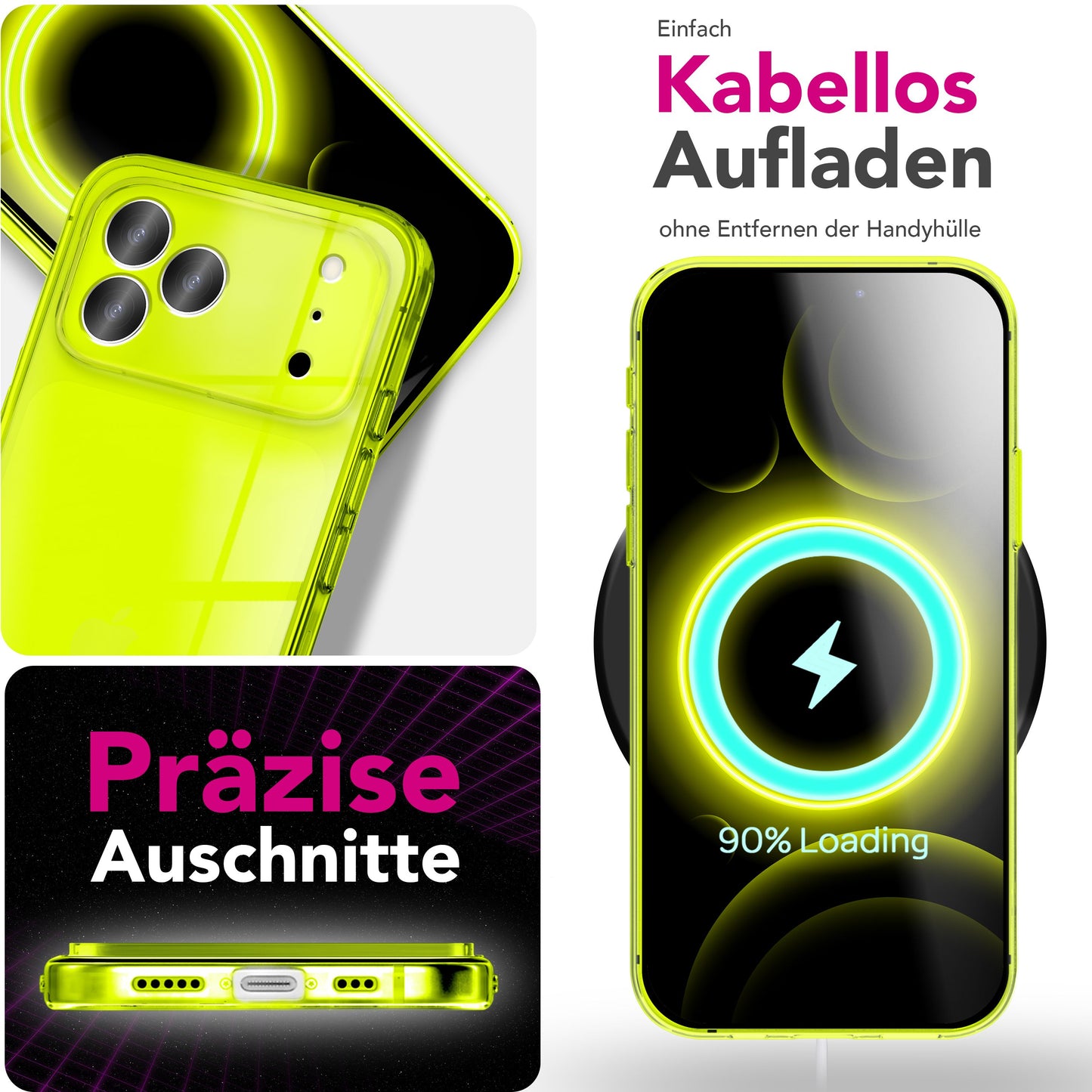 NALIA Neon Silikonhülle für iPhone 17 Pro – Knallige Signal-Farbe & Linsenschutz – VIBE (Transparentes Case) – Marke aus Berlin