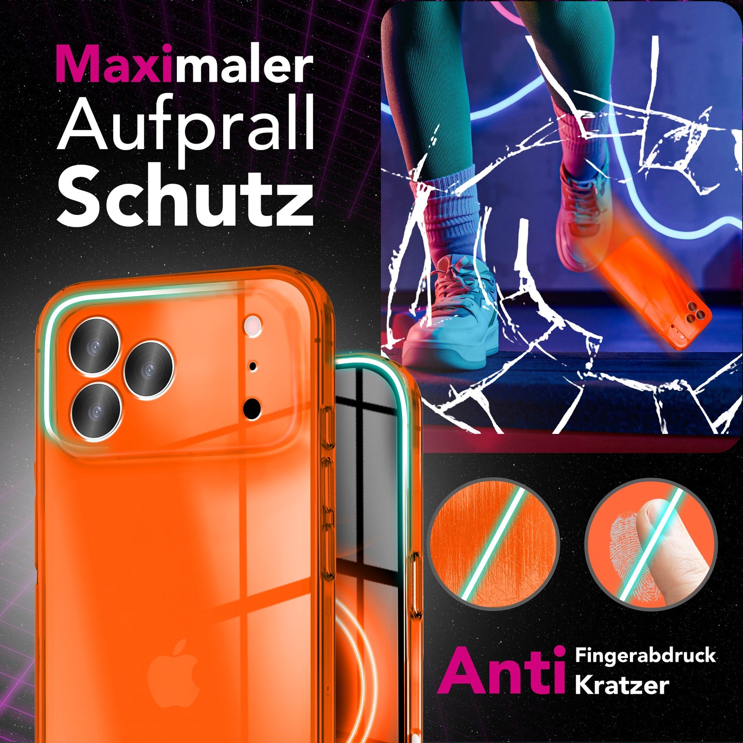 NALIA Neon Silikonhülle für iPhone 17 Pro Max – Knallige Signal-Farbe & Linsenschutz – VIBE (Transparentes Case) – Marke aus Berlin