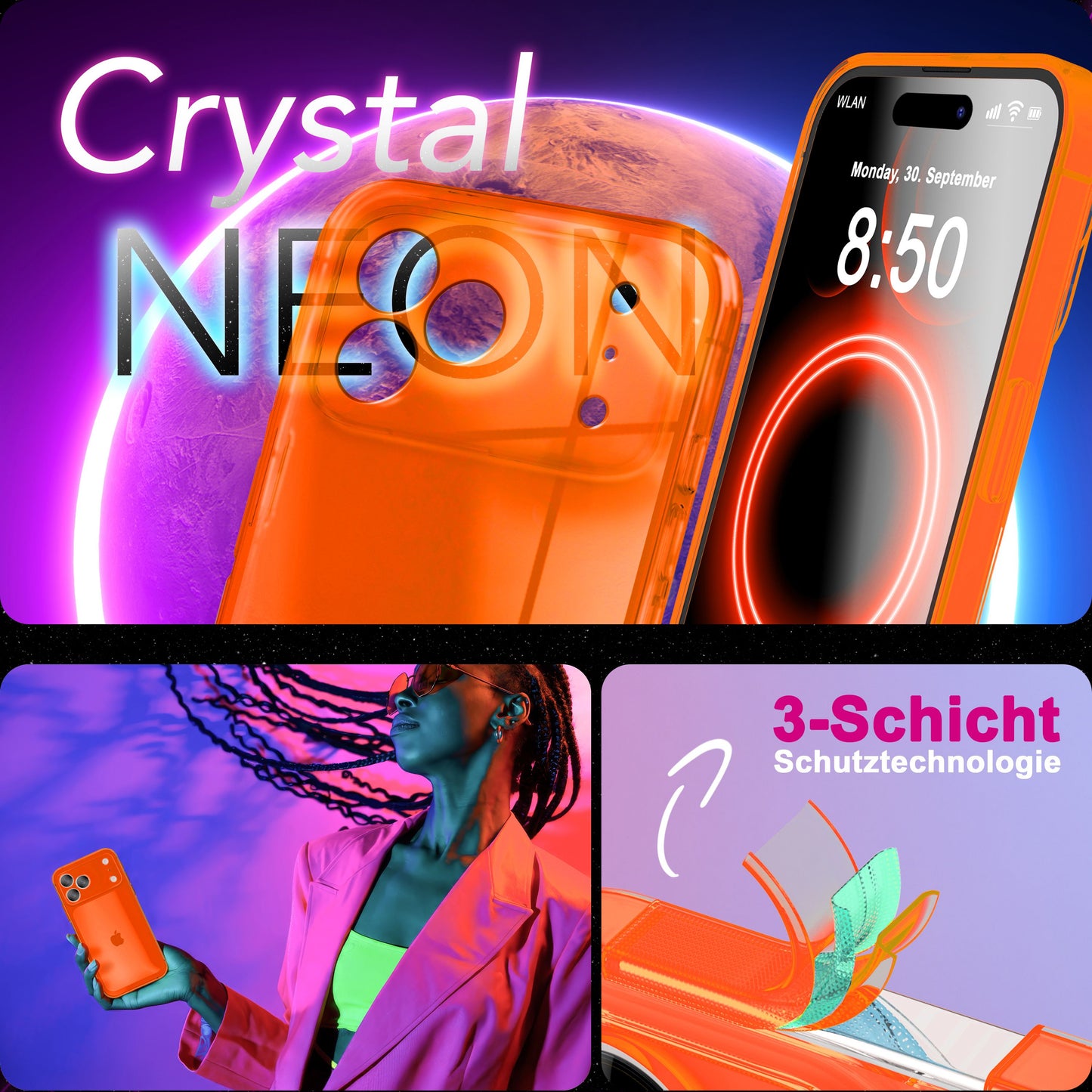 NALIA Neon Silikonhülle für iPhone 17 Pro Max – Knallige Signal-Farbe & Linsenschutz – VIBE (Transparentes Case) – Marke aus Berlin