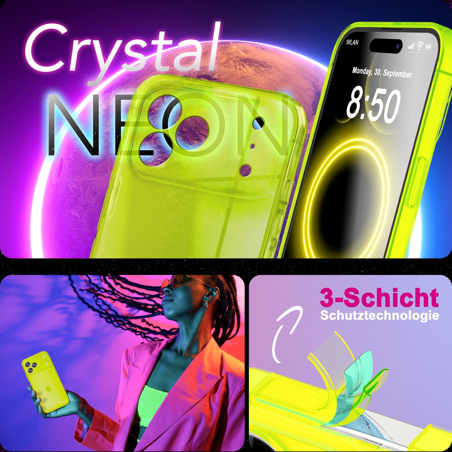 NALIA Neon Silikonhülle für iPhone 17 Pro Max – Knallige Signal-Farbe & Linsenschutz – VIBE (Transparentes Case) – Marke aus Berlin