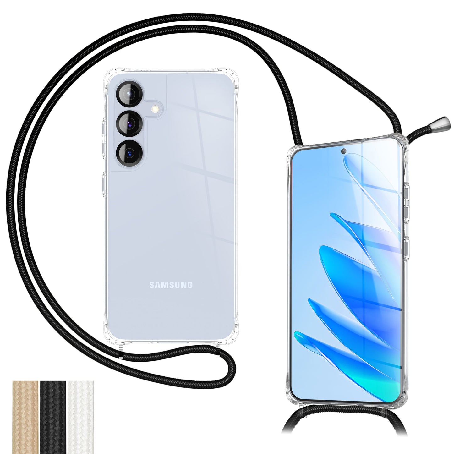 NALIA Handykette für Samsung Galaxy S25 FE – Transparentes Hybrid-Case & Band – HANGIT PRO (Anti-Gelb Rückseite & Verstellbar) – Marke aus Berlin