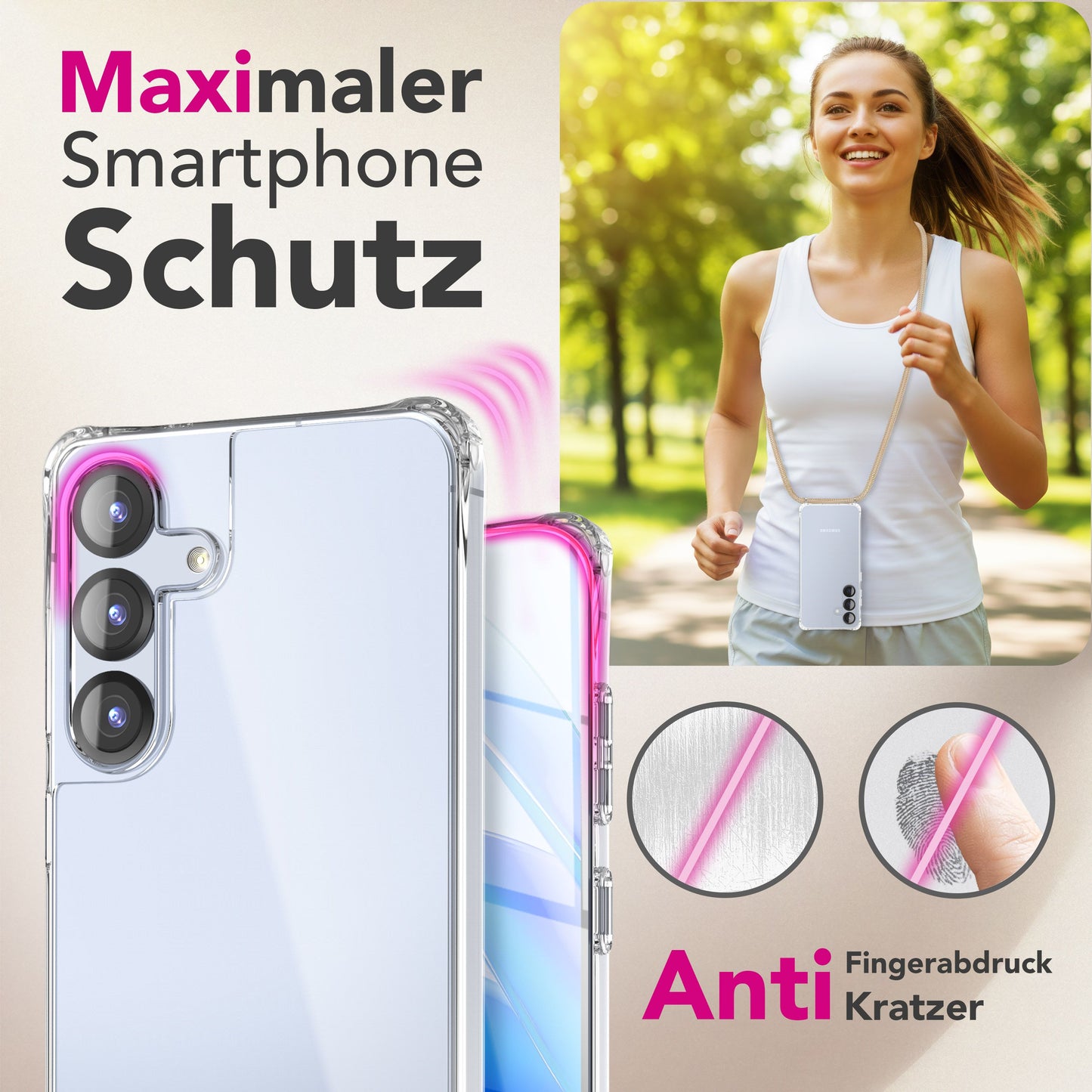 NALIA Handykette für Samsung Galaxy S25 FE – Transparentes Hybrid-Case & Band – HANGIT PRO (Anti-Gelb Rückseite & Verstellbar) – Marke aus Berlin