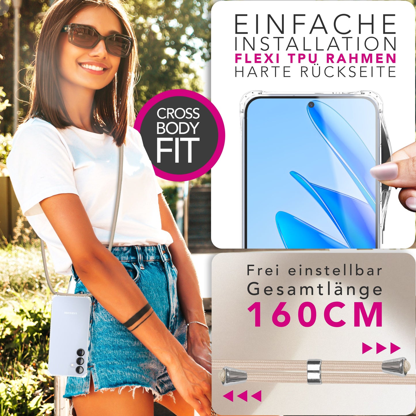 NALIA Handykette für Samsung Galaxy S25 FE – Transparentes Hybrid-Case & Band – HANGIT PRO (Anti-Gelb Rückseite & Verstellbar) – Marke aus Berlin