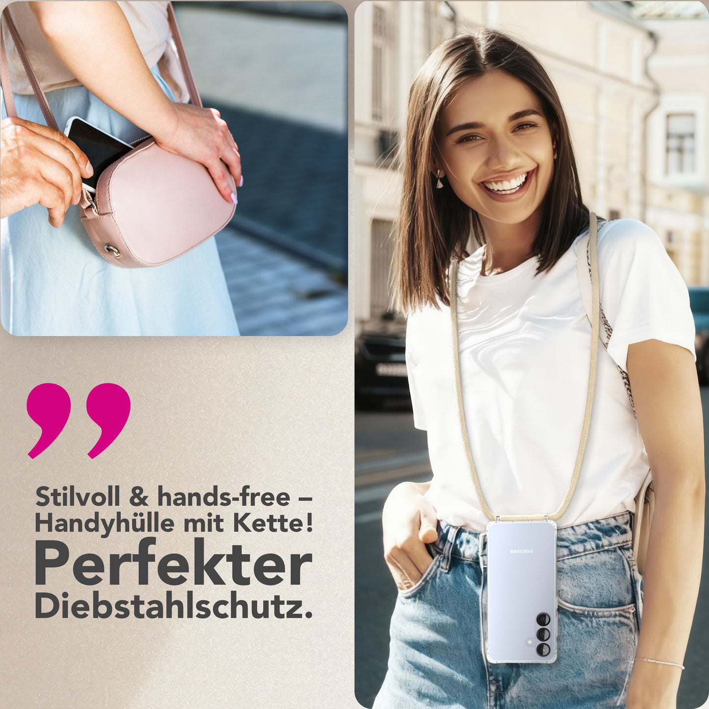 NALIA Handykette für Samsung Galaxy S25 FE – Transparentes Hybrid-Case & Band – HANGIT PRO (Anti-Gelb Rückseite & Verstellbar) – Marke aus Berlin