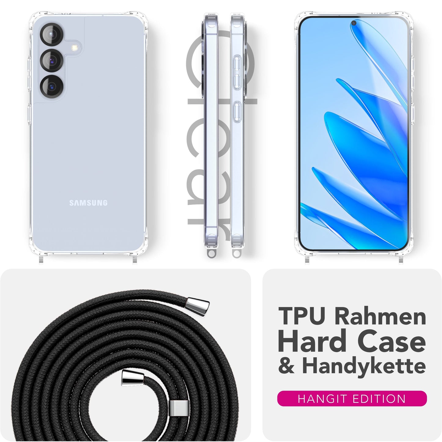 NALIA Handykette für Samsung Galaxy S25 FE – Transparentes Hybrid-Case & Band – HANGIT PRO (Anti-Gelb Rückseite & Verstellbar) – Marke aus Berlin