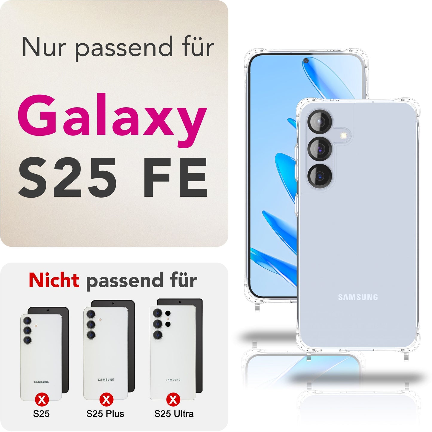 NALIA Handykette für Samsung Galaxy S25 FE – Transparentes Hybrid-Case & Band – HANGIT PRO (Anti-Gelb Rückseite & Verstellbar) – Marke aus Berlin
