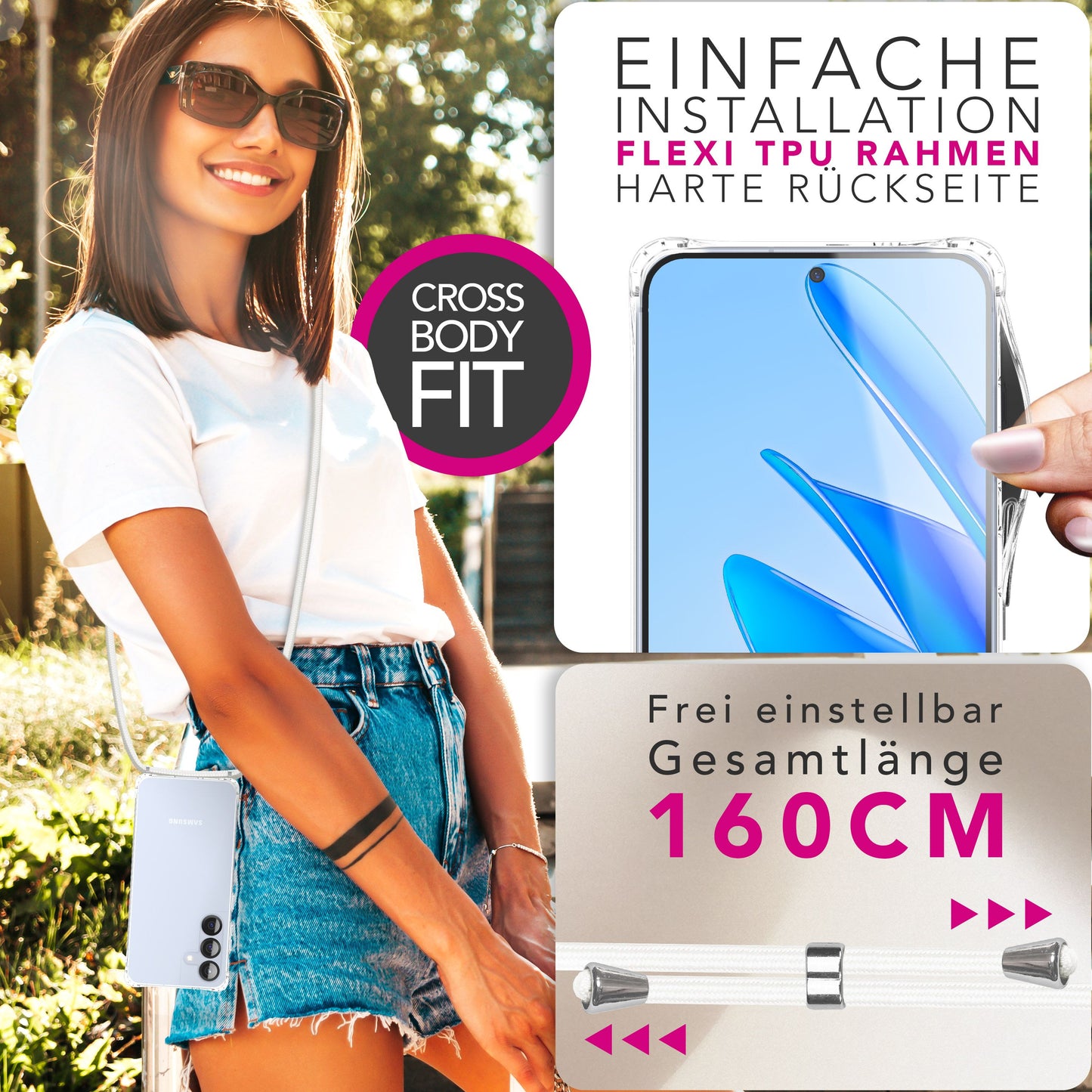 NALIA Handykette für Samsung Galaxy S25 FE – Transparentes Hybrid-Case & Band – HANGIT PRO (Anti-Gelb Rückseite & Verstellbar) – Marke aus Berlin