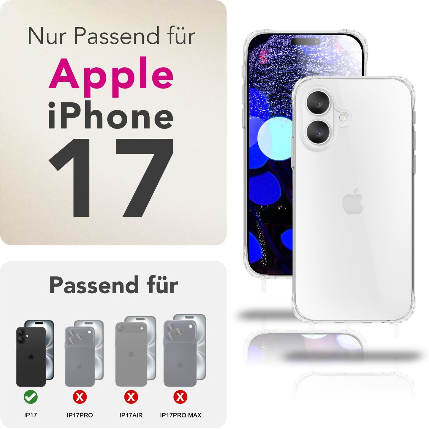 NALIA Handykette für iPhone 17 – Transparentes Hybrid-Case & Band – HANGIT PRO (Anti-Gelb Rückseite & Verstellbar) – Marke aus Berlin