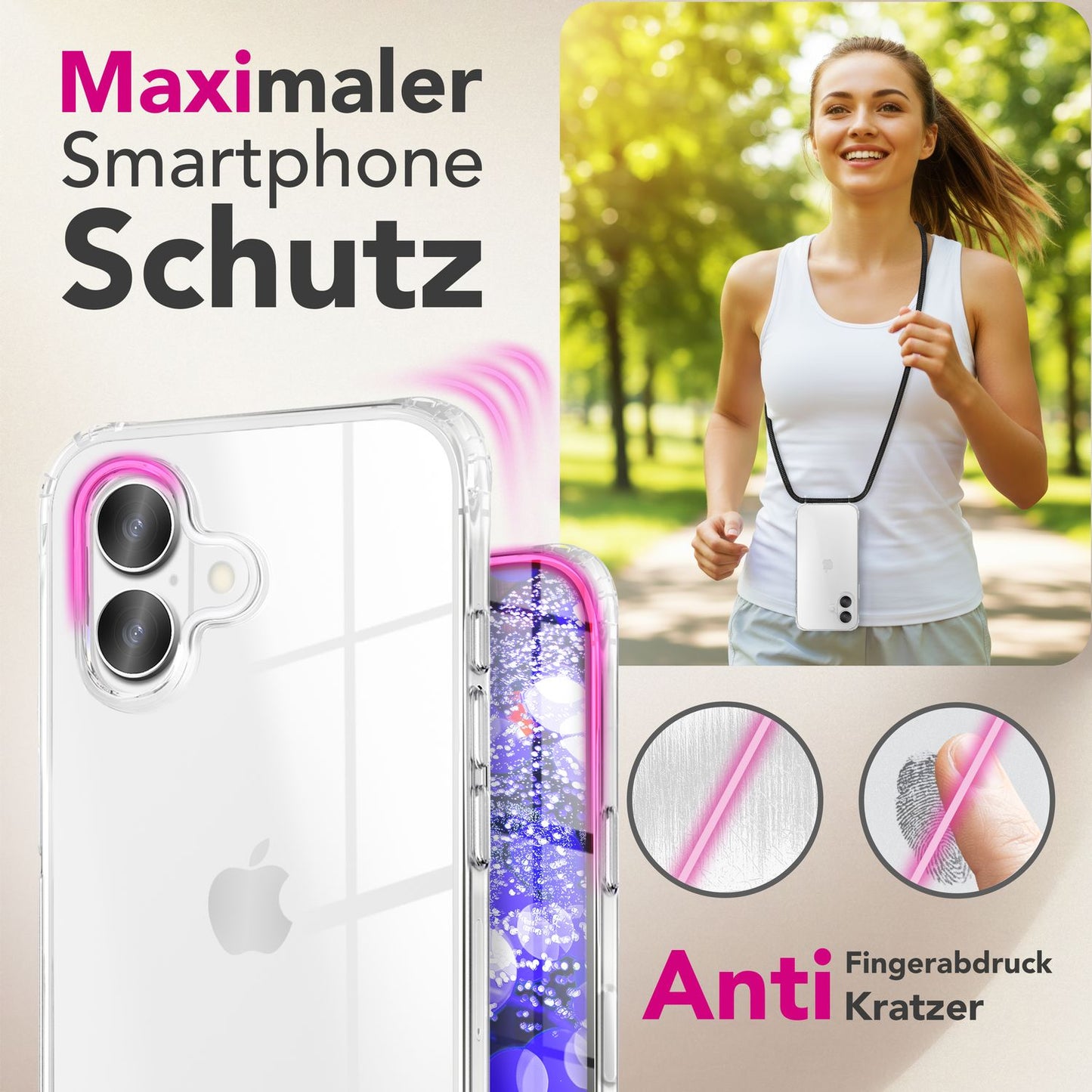 NALIA Handykette für iPhone 17 – Transparentes Hybrid-Case & Band – HANGIT PRO (Anti-Gelb Rückseite & Verstellbar) – Marke aus Berlin
