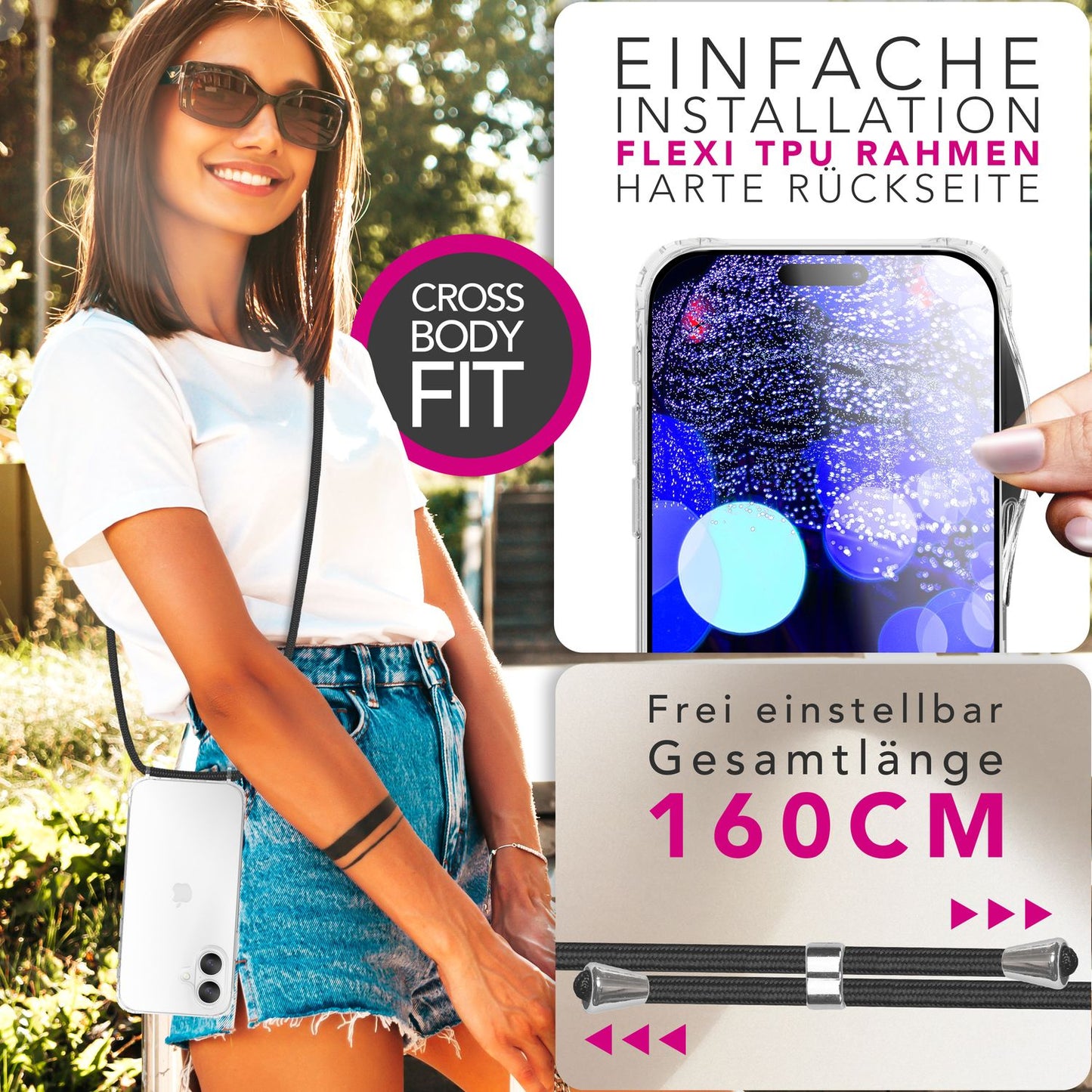 NALIA Handykette für iPhone 17 – Transparentes Hybrid-Case & Band – HANGIT PRO (Anti-Gelb Rückseite & Verstellbar) – Marke aus Berlin