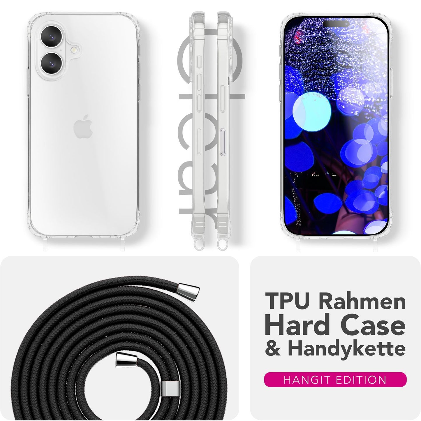 NALIA Handykette für iPhone 17 – Transparentes Hybrid-Case & Band – HANGIT PRO (Anti-Gelb Rückseite & Verstellbar) – Marke aus Berlin