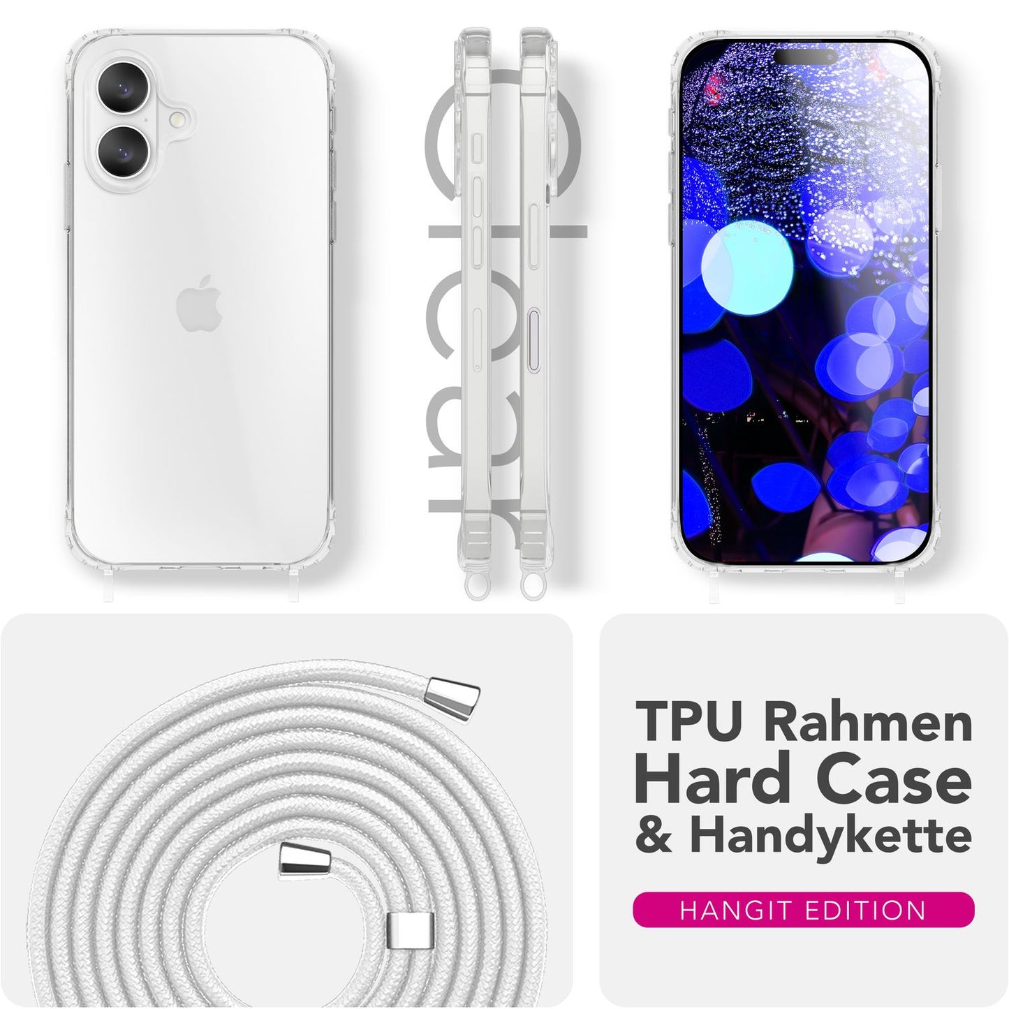 NALIA Handykette für iPhone 17 – Transparentes Hybrid-Case & Band – HANGIT PRO (Anti-Gelb Rückseite & Verstellbar) – Marke aus Berlin