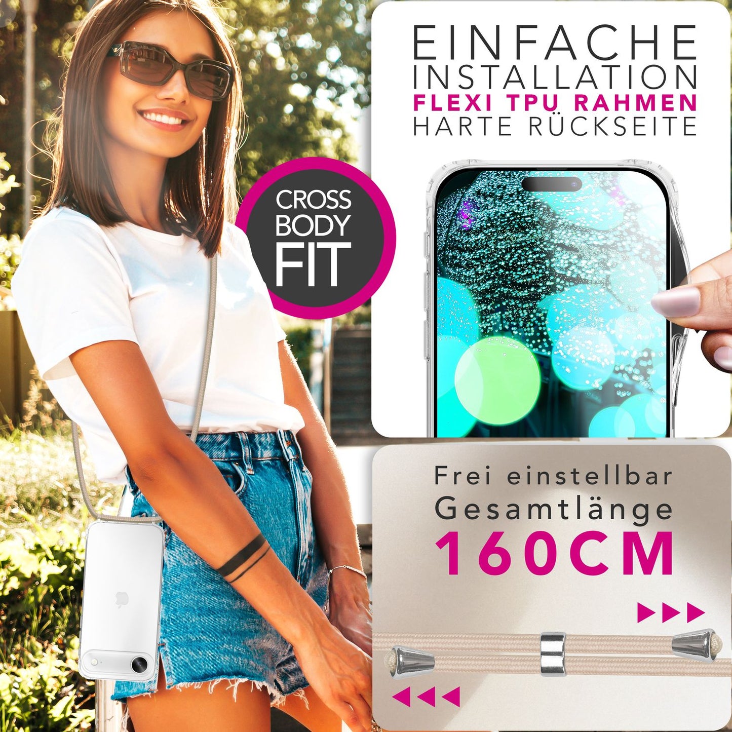 NALIA Handykette für iPhone 17 Air – Transparentes Hybrid-Case & Band – HANGIT PRO (Anti-Gelb Rückseite & Verstellbar) – Marke aus Berlin