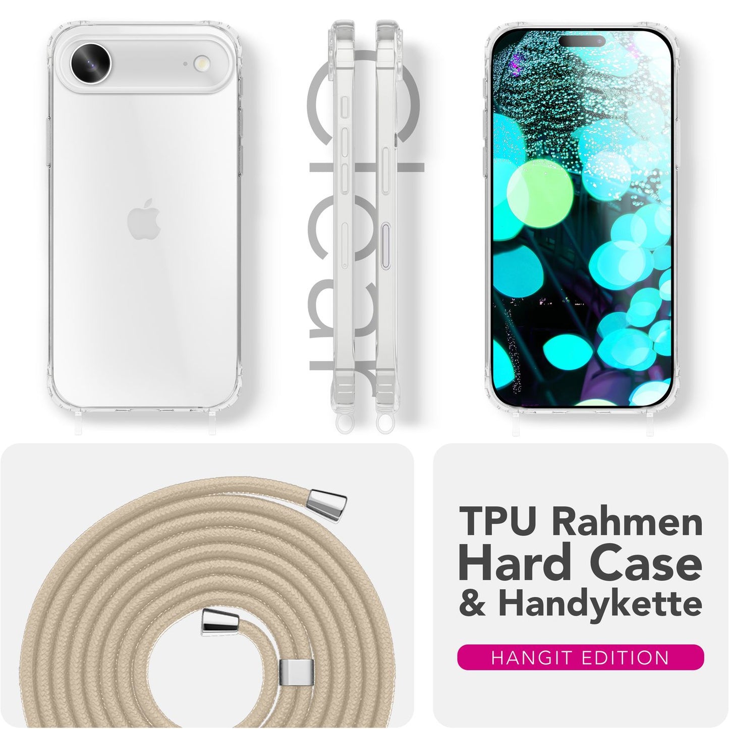 NALIA Handykette für iPhone 17 Air – Transparentes Hybrid-Case & Band – HANGIT PRO (Anti-Gelb Rückseite & Verstellbar) – Marke aus Berlin
