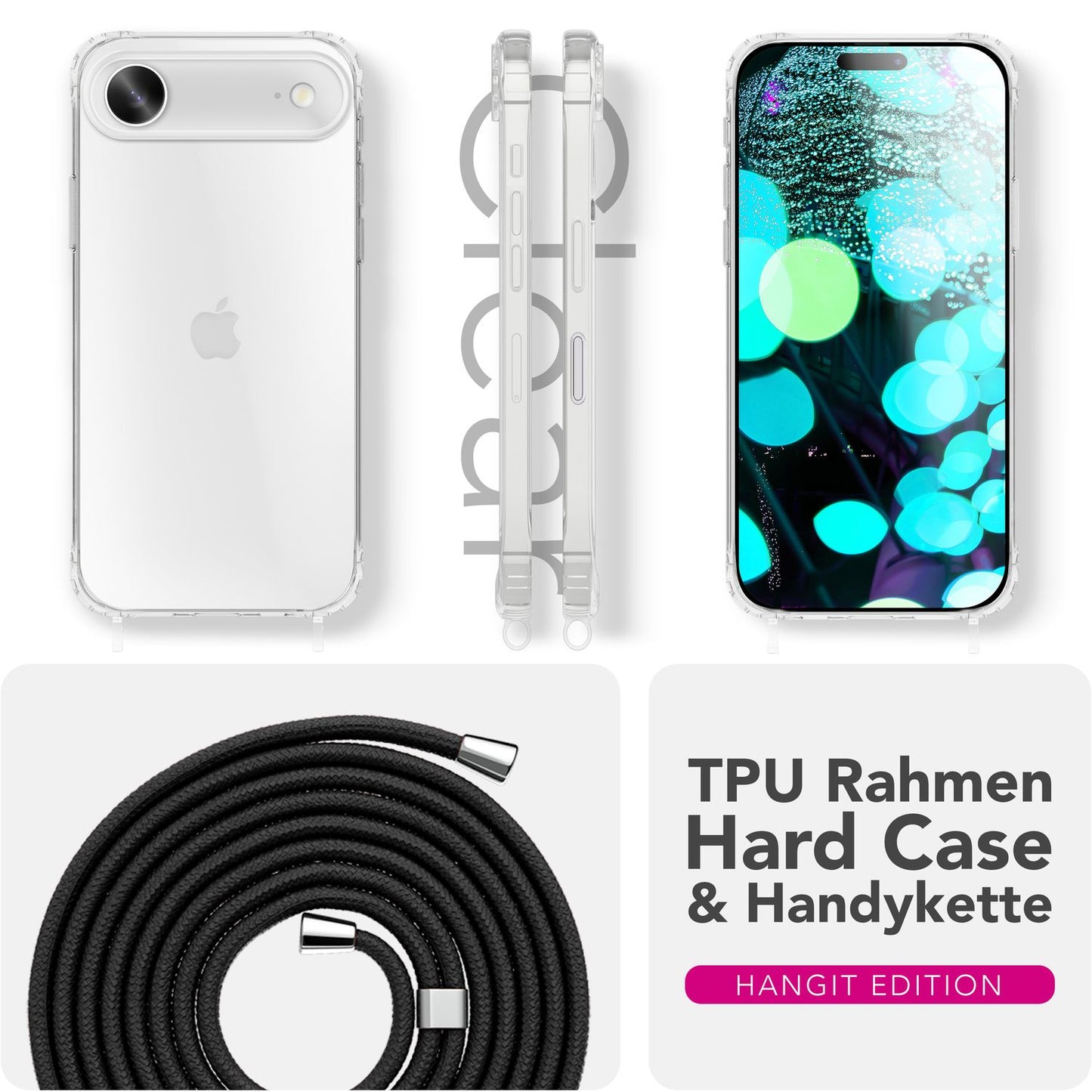 NALIA Handykette für iPhone 17 Air – Transparentes Hybrid-Case & Band – HANGIT PRO (Anti-Gelb Rückseite & Verstellbar) – Marke aus Berlin