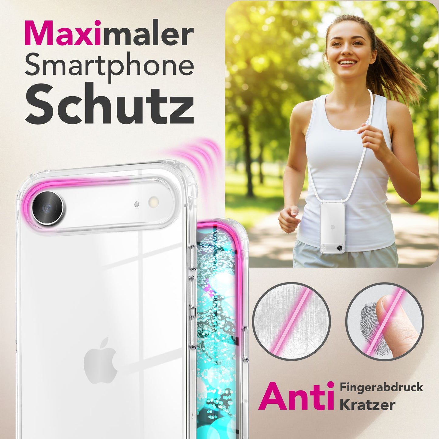 NALIA Handykette für iPhone 17 Air – Transparentes Hybrid-Case & Band – HANGIT PRO (Anti-Gelb Rückseite & Verstellbar) – Marke aus Berlin