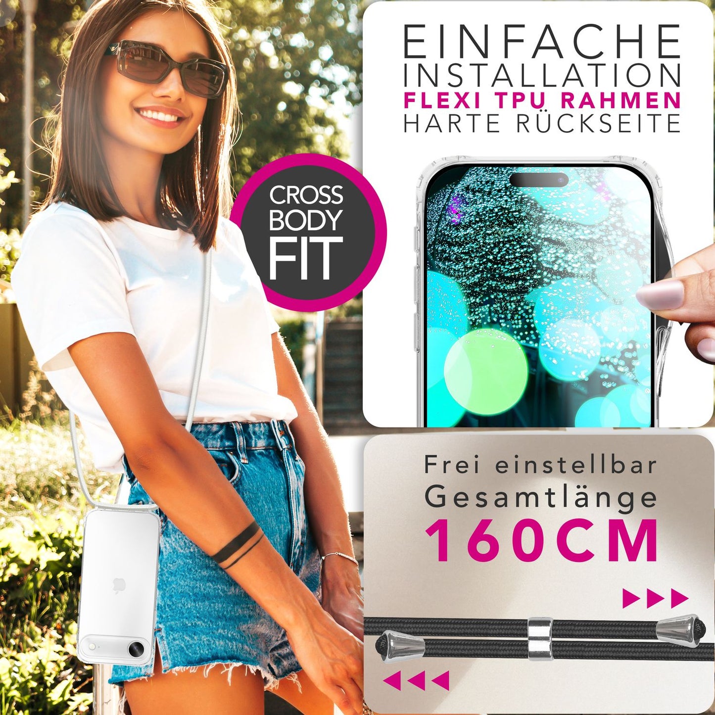 NALIA Handykette für iPhone 17 Air – Transparentes Hybrid-Case & Band – HANGIT PRO (Anti-Gelb Rückseite & Verstellbar) – Marke aus Berlin
