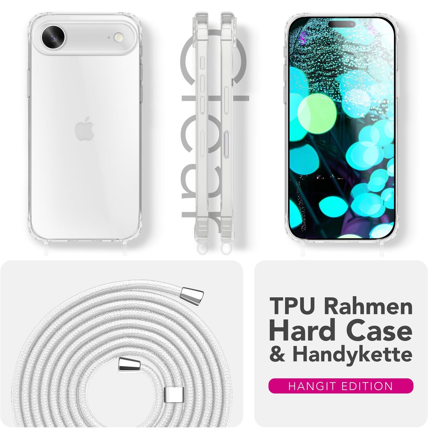NALIA Handykette für iPhone 17 Air – Transparentes Hybrid-Case & Band – HANGIT PRO (Anti-Gelb Rückseite & Verstellbar) – Marke aus Berlin
