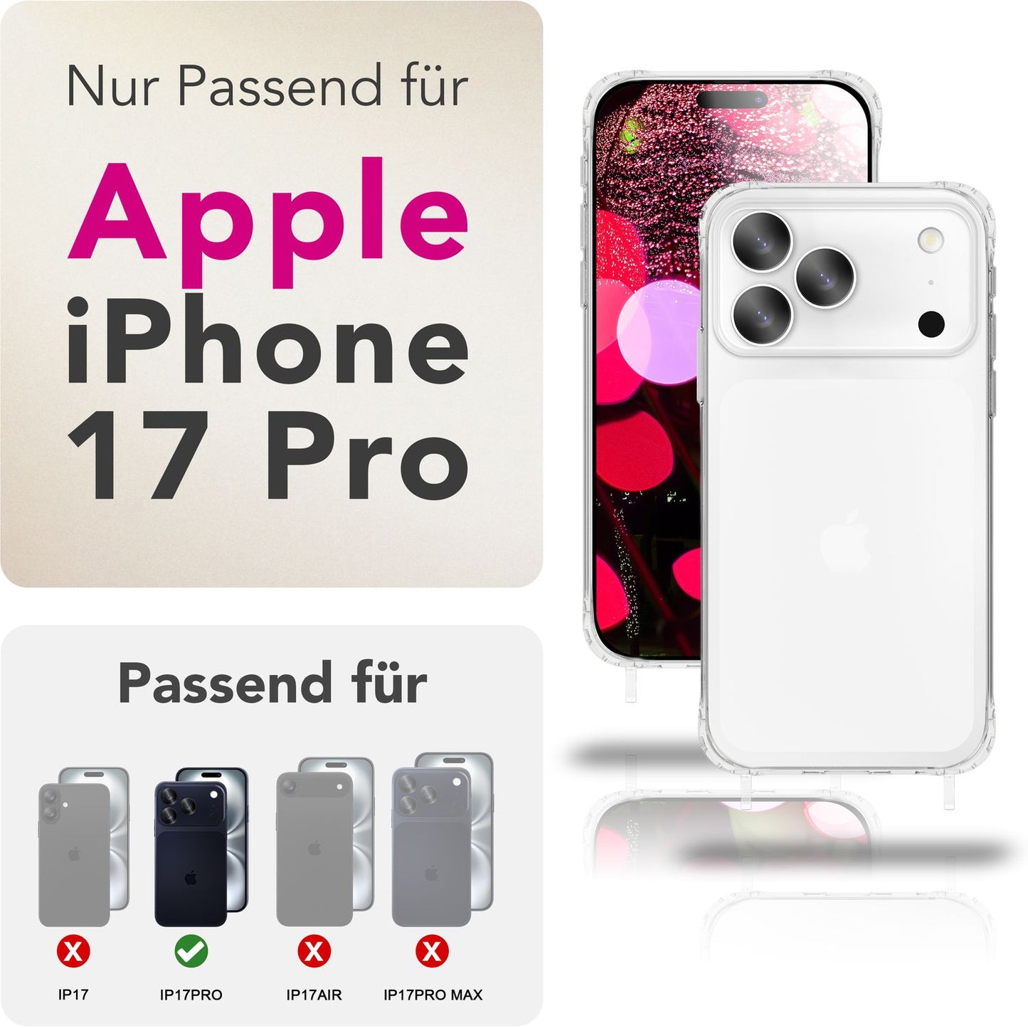 NALIA Handykette für iPhone 17 Pro – Transparentes Hybrid-Case & Band – HANGIT PRO (Anti-Gelb Rückseite & Verstellbar) – Marke aus Berlin
