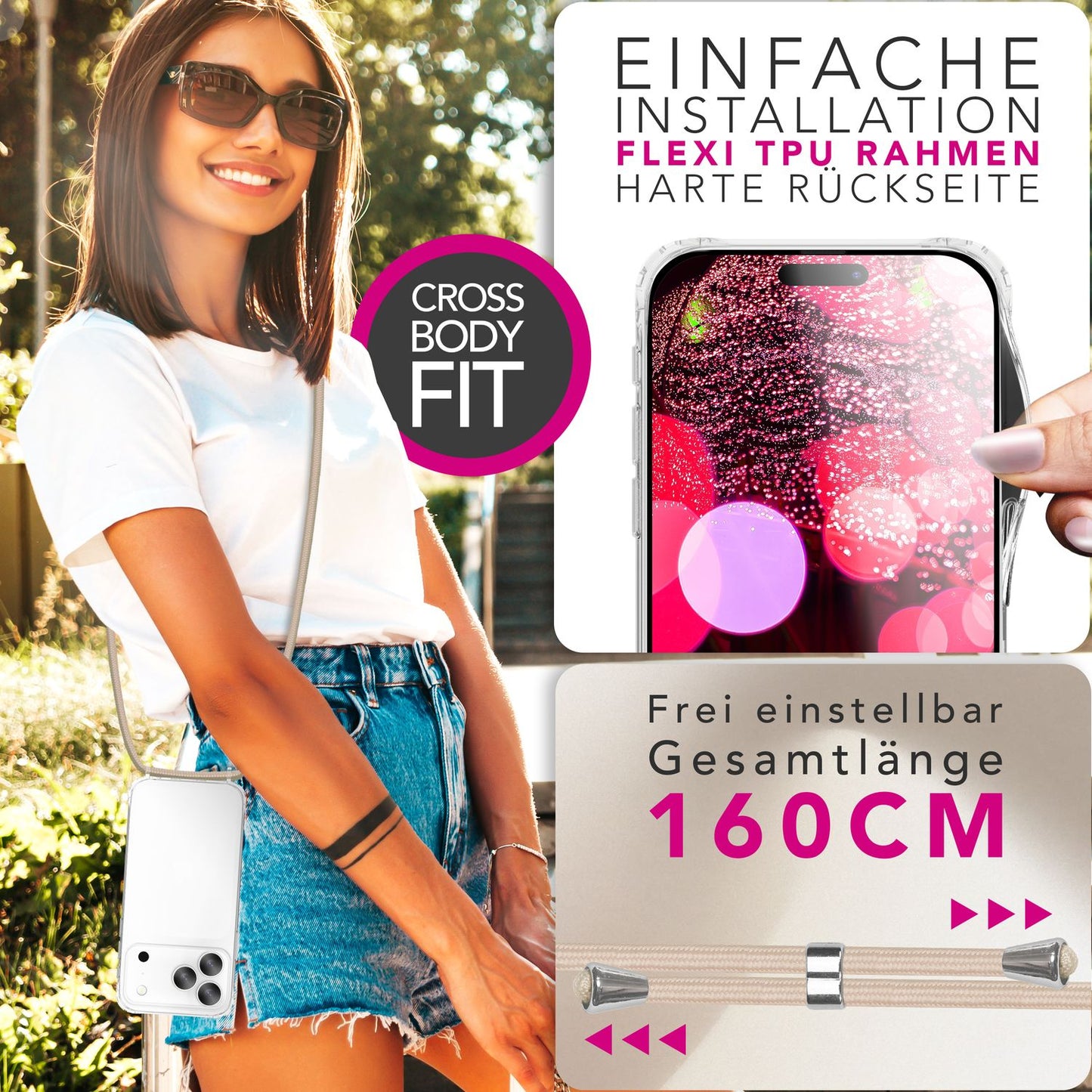 NALIA Handykette für iPhone 17 Pro – Transparentes Hybrid-Case & Band – HANGIT PRO (Anti-Gelb Rückseite & Verstellbar) – Marke aus Berlin