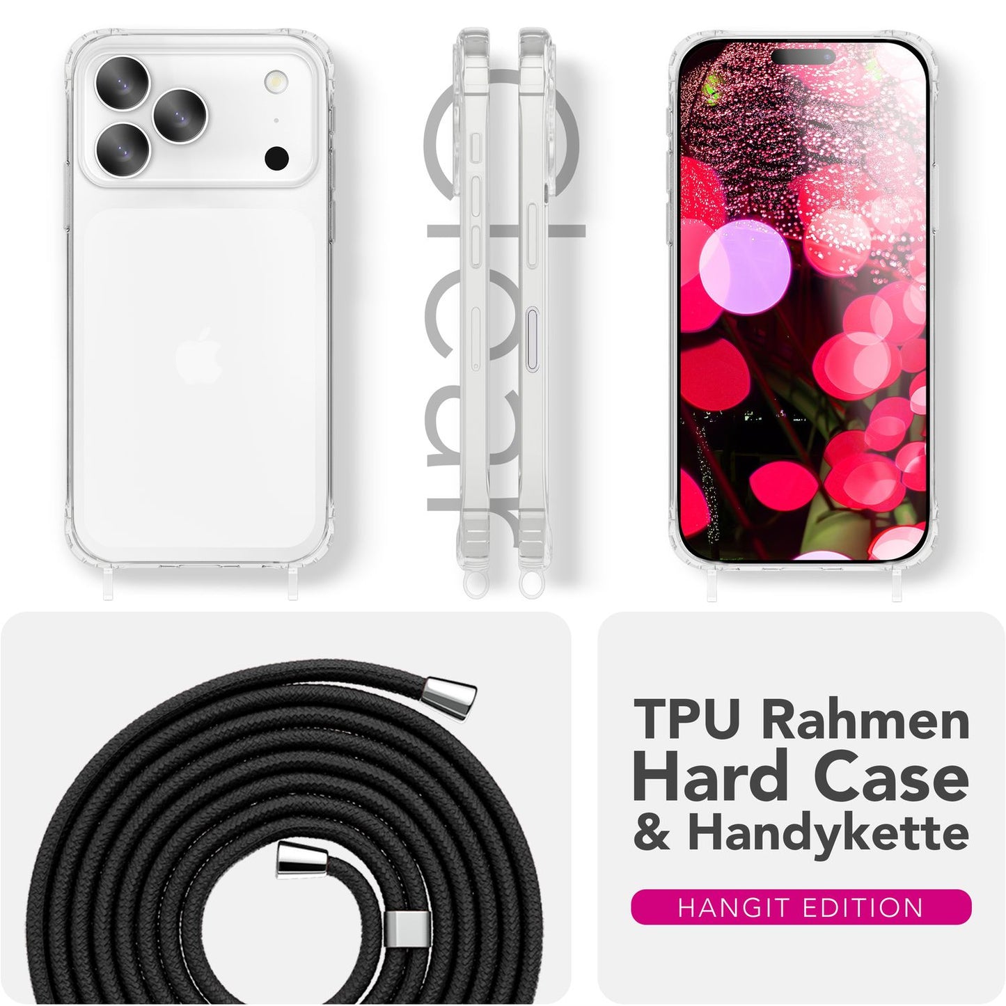 NALIA Handykette für iPhone 17 Pro – Transparentes Hybrid-Case & Band – HANGIT PRO (Anti-Gelb Rückseite & Verstellbar) – Marke aus Berlin