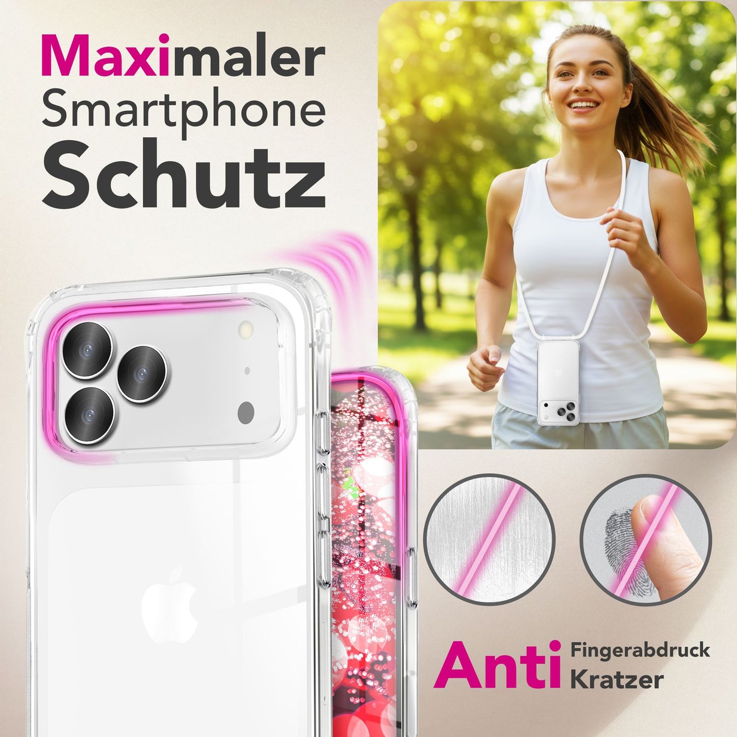 NALIA Handykette für iPhone 17 Pro – Transparentes Hybrid-Case & Band – HANGIT PRO (Anti-Gelb Rückseite & Verstellbar) – Marke aus Berlin