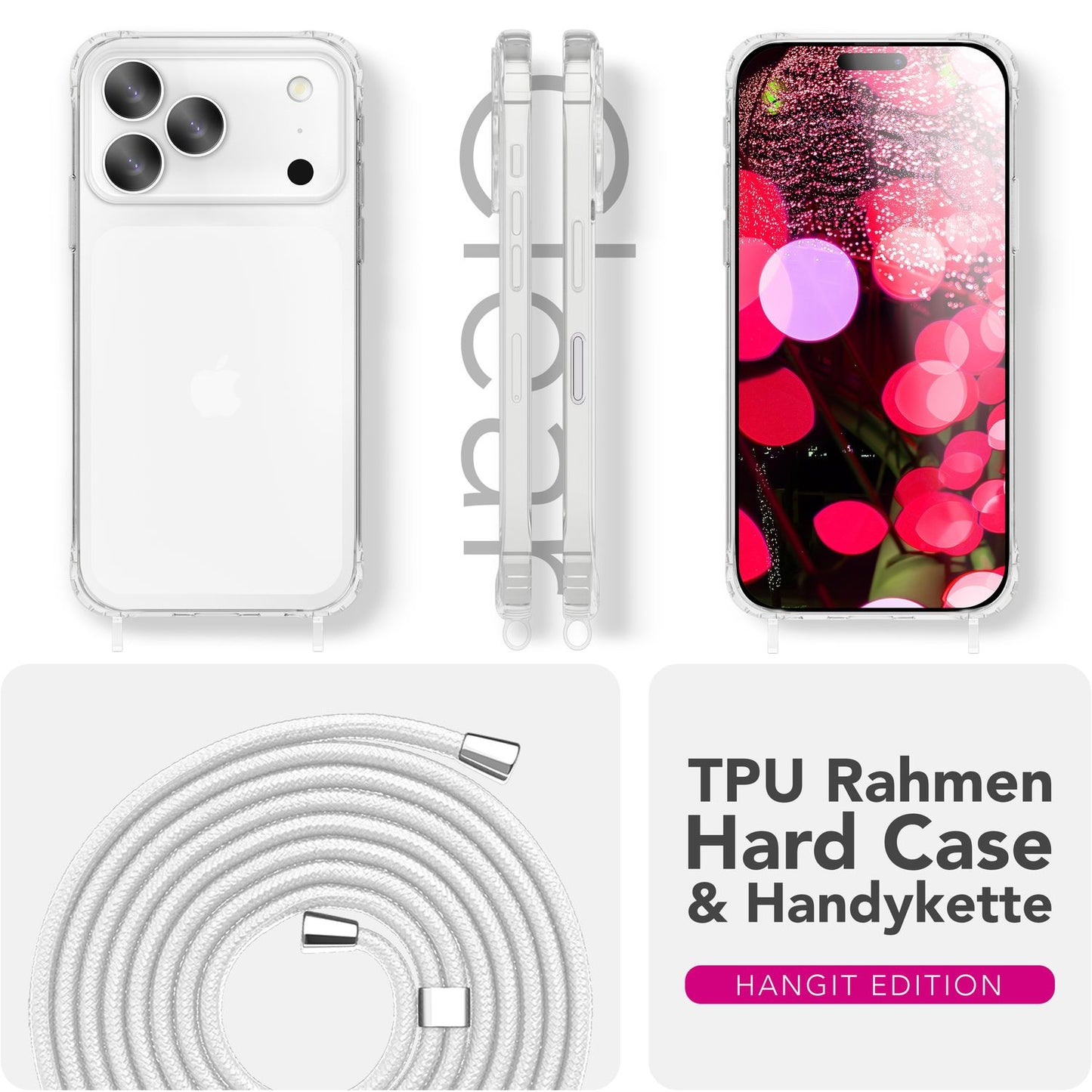 NALIA Handykette für iPhone 17 Pro – Transparentes Hybrid-Case & Band – HANGIT PRO (Anti-Gelb Rückseite & Verstellbar) – Marke aus Berlin