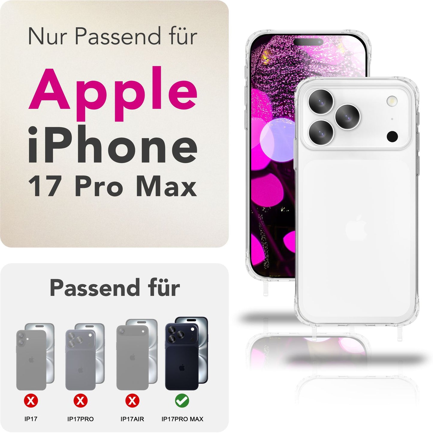 NALIA Handykette für iPhone 17 Pro Max – Transparentes Hybrid-Case & Band – HANGIT PRO (Anti-Gelb Rückseite & Verstellbar) – Marke aus Berlin