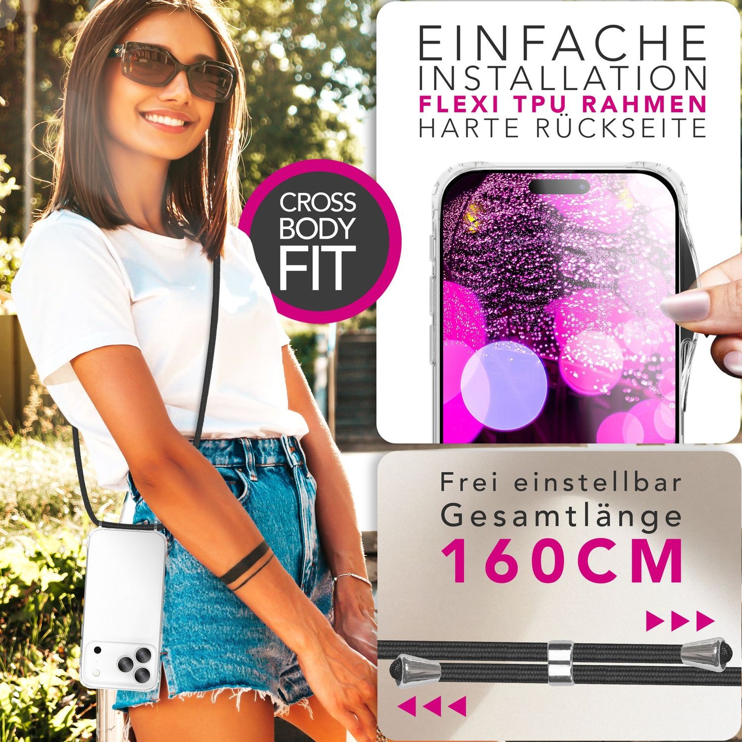 NALIA Handykette für iPhone 17 Pro Max – Transparentes Hybrid-Case & Band – HANGIT PRO (Anti-Gelb Rückseite & Verstellbar) – Marke aus Berlin