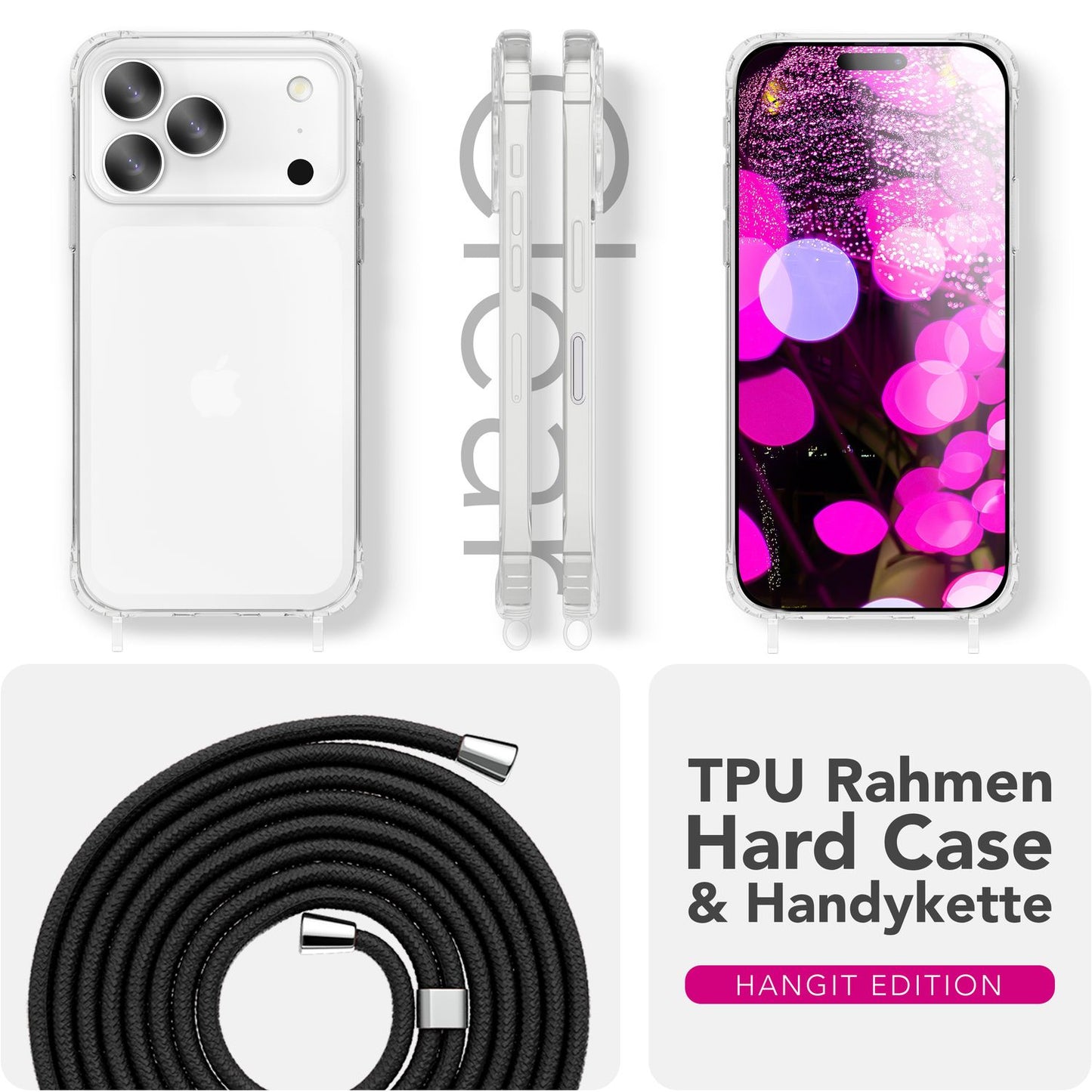 NALIA Handykette für iPhone 17 Pro Max – Transparentes Hybrid-Case & Band – HANGIT PRO (Anti-Gelb Rückseite & Verstellbar) – Marke aus Berlin