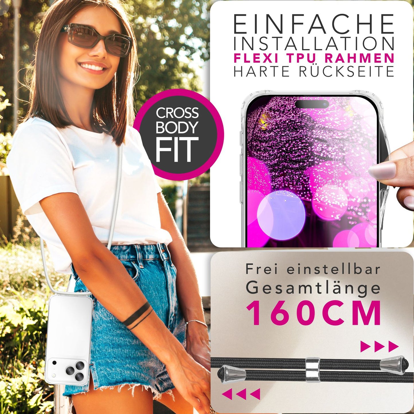 NALIA Handykette für iPhone 17 Pro Max – Transparentes Hybrid-Case & Band – HANGIT PRO (Anti-Gelb Rückseite & Verstellbar) – Marke aus Berlin