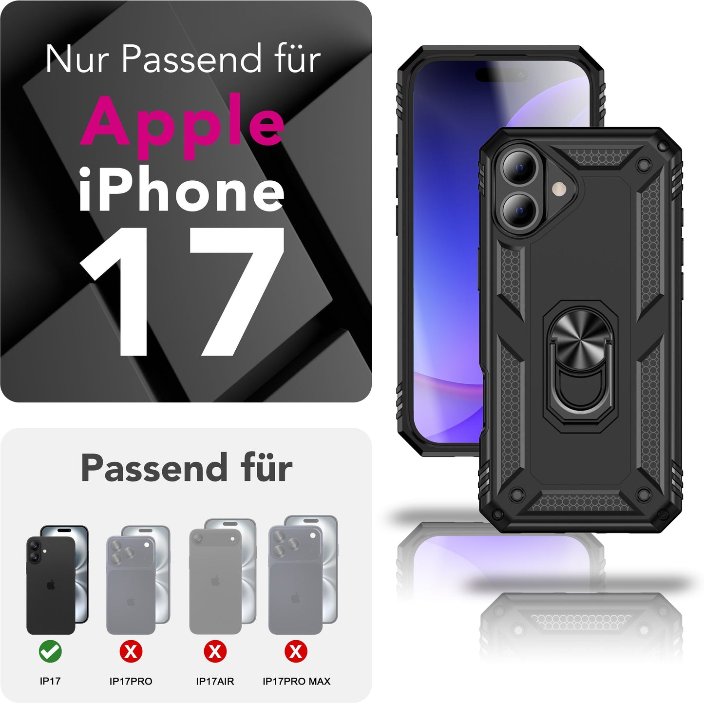 NALIA Panzerhülle für iPhone 17 – Ring-Ständer 360° & Magnet-Halterung Kompatibel – RINGDEFEND (Stoßfestes Outdoor Case) – Marke aus Berlin