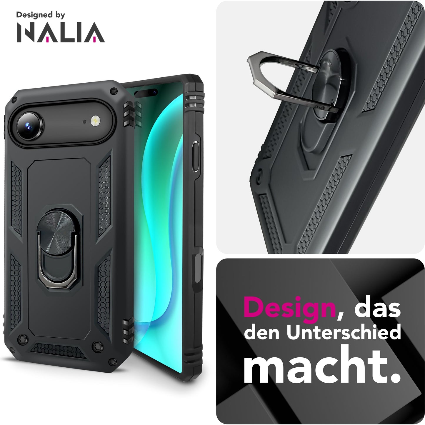 NALIA Panzerhülle für iPhone 17 Air – Ring-Ständer 360° & Magnet-Halterung Kompatibel – RINGDEFEND (Stoßfestes Outdoor Case) – Marke aus Berlin