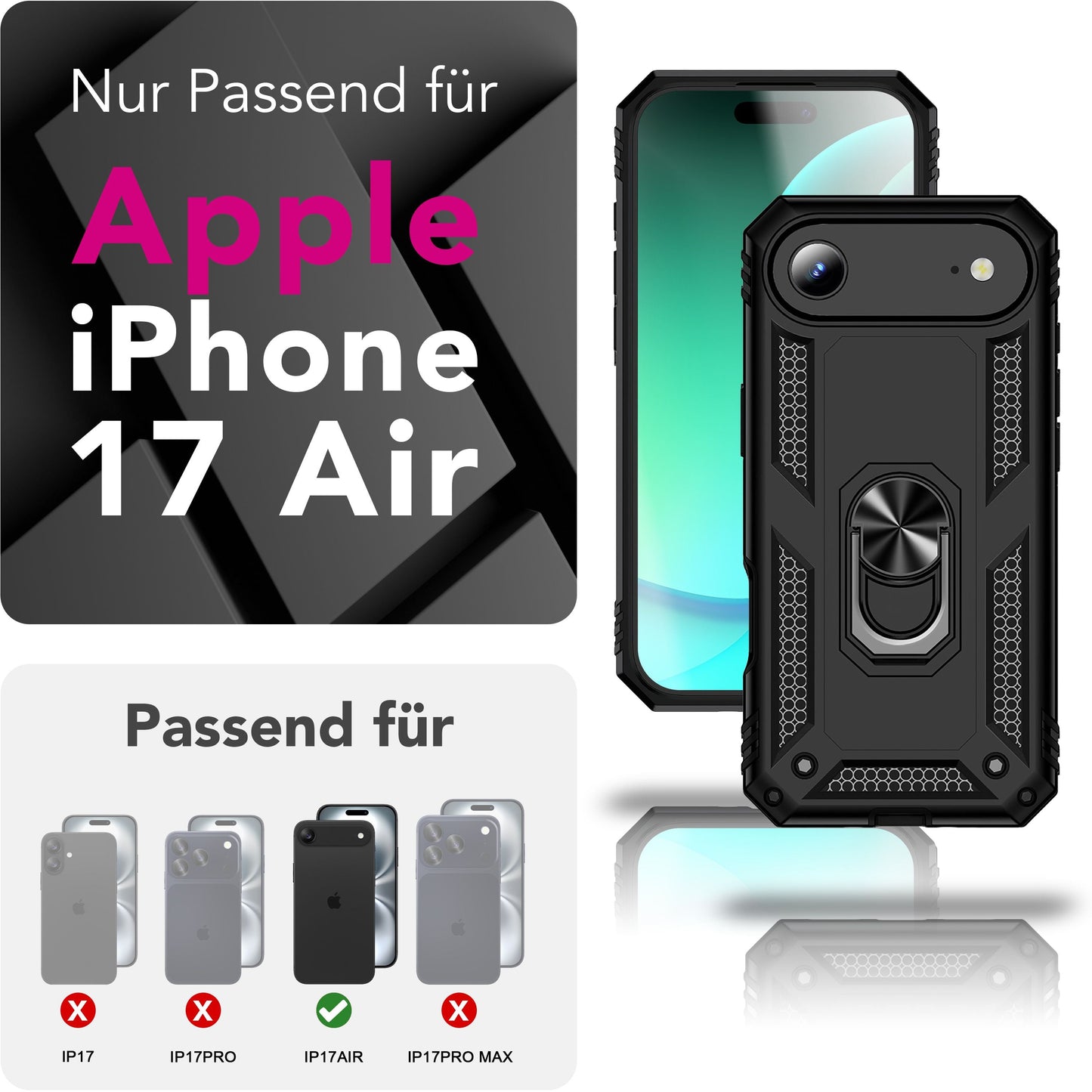 NALIA Panzerhülle für iPhone 17 Air – Ring-Ständer 360° & Magnet-Halterung Kompatibel – RINGDEFEND (Stoßfestes Outdoor Case) – Marke aus Berlin