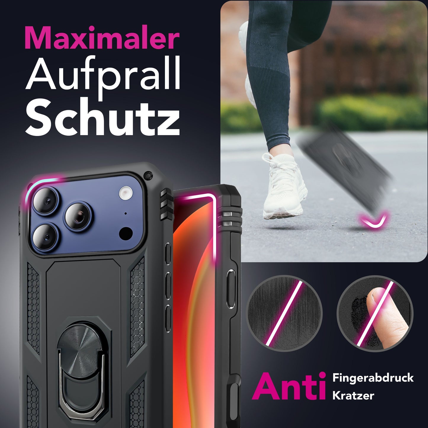 NALIA Panzerhülle für iPhone 17 Pro – Ring-Ständer 360° & Magnet-Halterung Kompatibel – RINGDEFEND (Stoßfestes Outdoor Case) – Marke aus Berlin