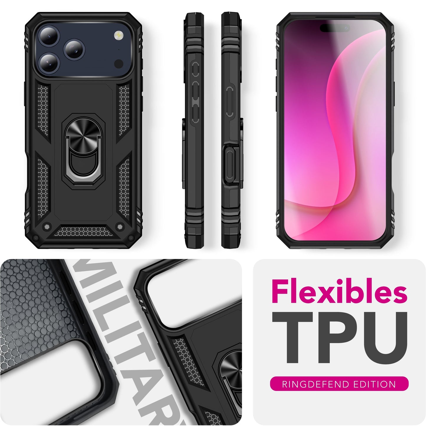 NALIA Panzerhülle für iPhone 17 Pro Max – Ring-Ständer 360° & Magnet-Halterung Kompatibel – RINGDEFEND (Stoßfestes Outdoor Case) – Marke aus Berlin
