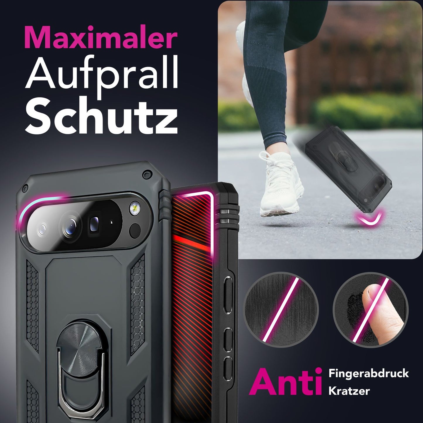 NALIA Panzerhülle für Google Pixel 10 Pro – Ring-Ständer 360° & Magnet-Halterung Kompatibel – RINGDEFEND (Stoßfestes Outdoor Case) – Marke aus Berlin