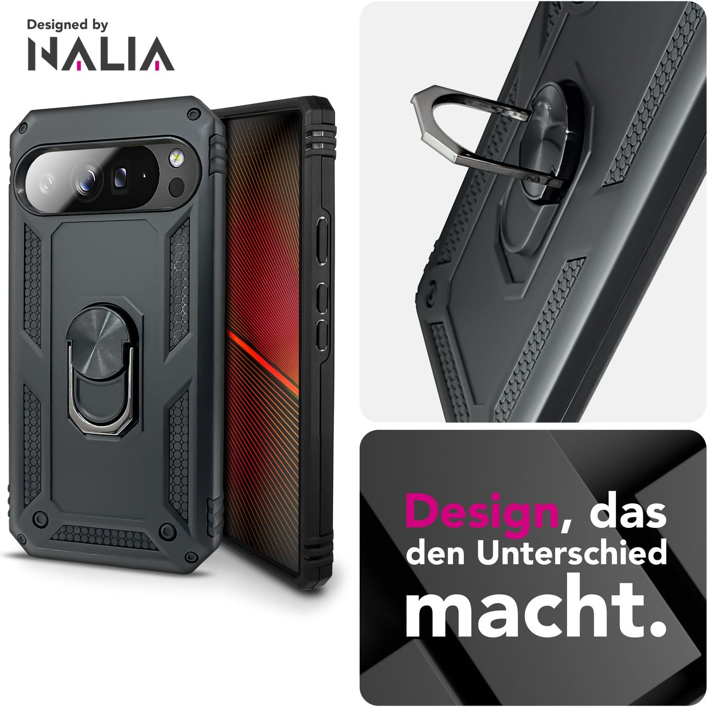 NALIA Panzerhülle für Google Pixel 10 Pro – Ring-Ständer 360° & Magnet-Halterung Kompatibel – RINGDEFEND (Stoßfestes Outdoor Case) – Marke aus Berlin