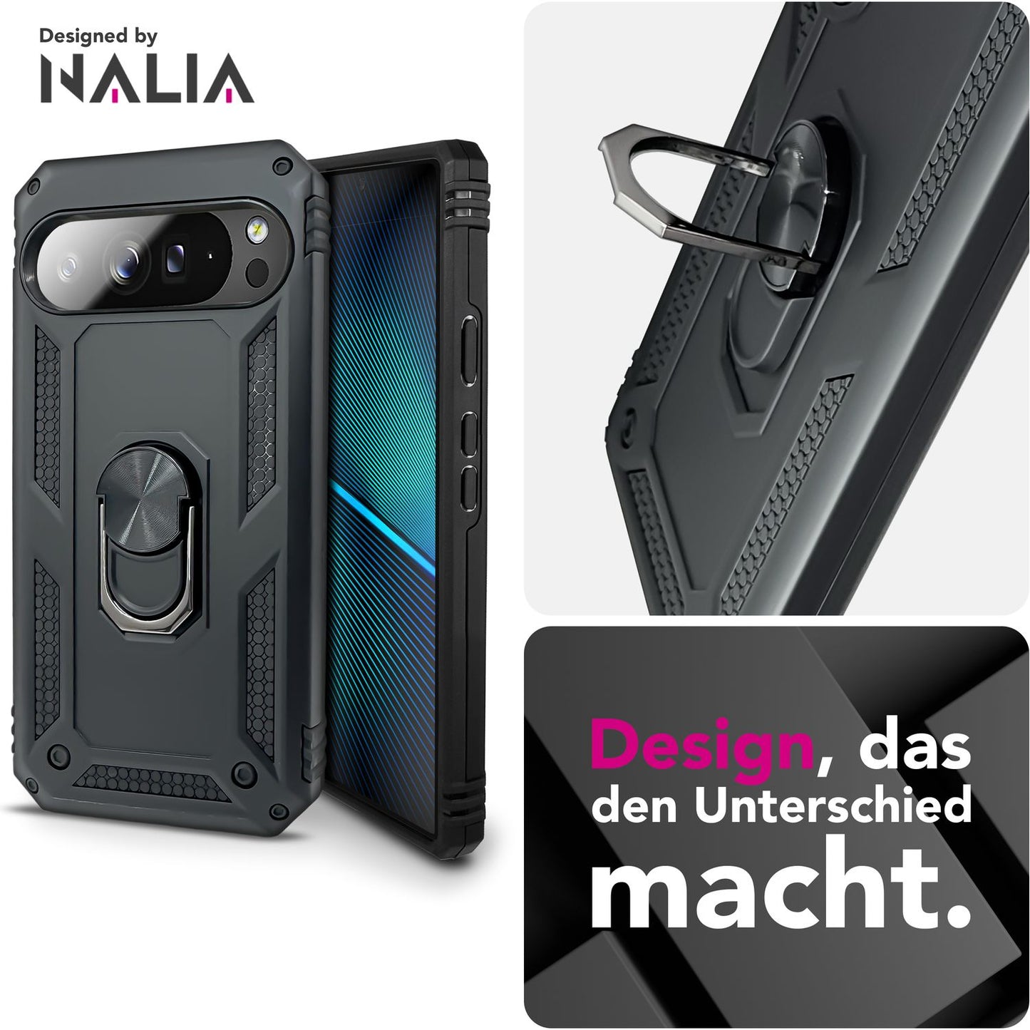NALIA Panzerhülle für Google Pixel 10 Pro XL – Ring-Ständer 360° & Magnet-Halterung Kompatibel – RINGDEFEND (Stoßfestes Outdoor Case) – Marke aus Berlin