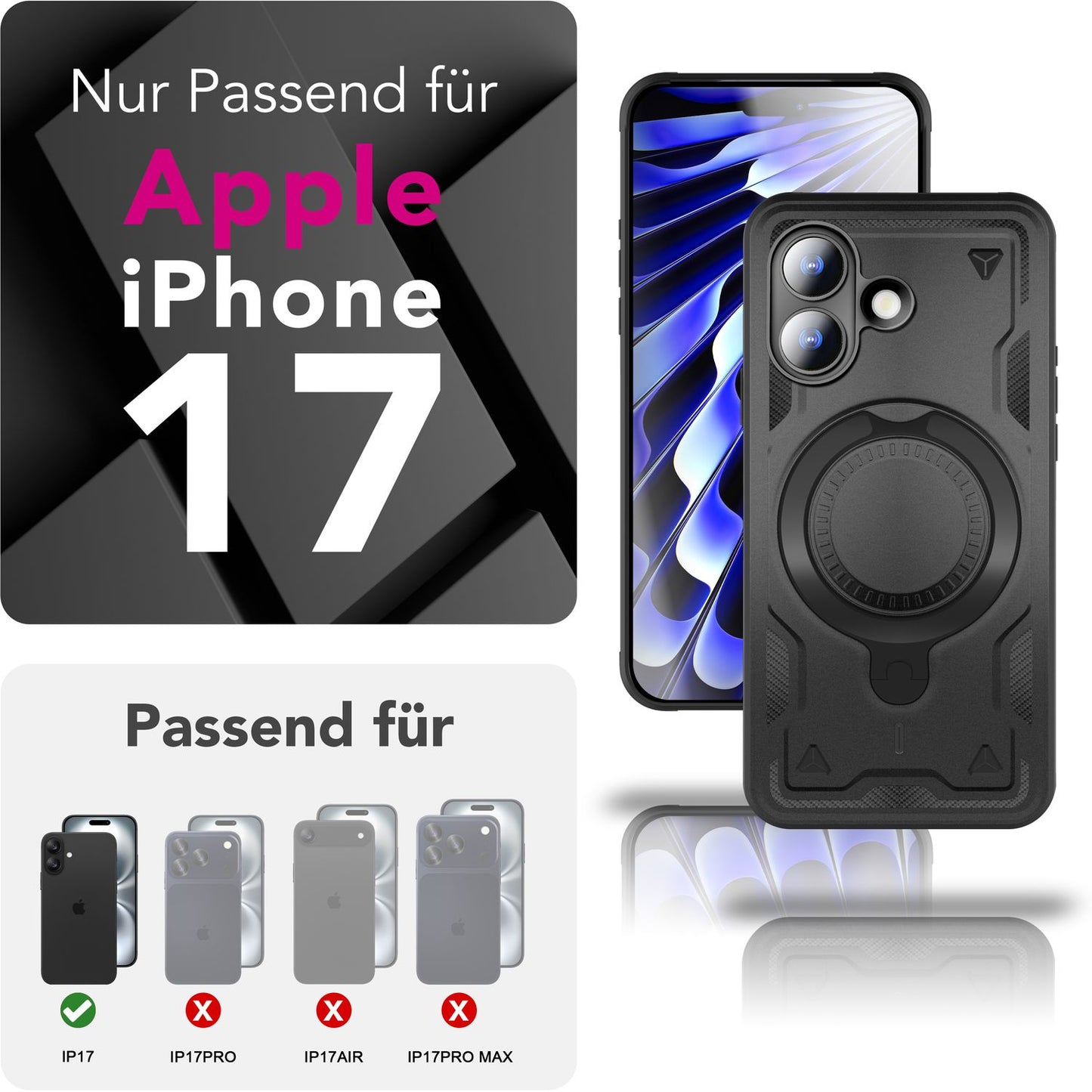 NALIA Magnetische Panzerhülle für iPhone 17 – Ring-Halterung 360° & MagSafe kompatibel – STORMGUARD (Outdoor Case) – Marke aus Berlin