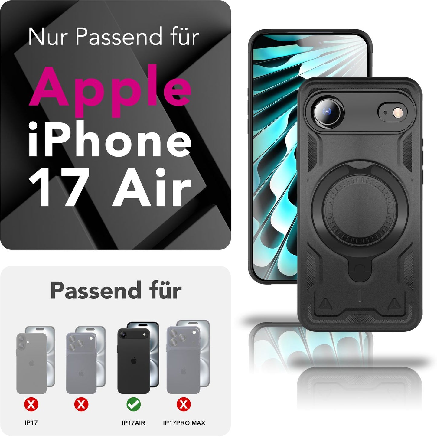 NALIA Magnetische Panzerhülle für iPhone 17 Air – Ring-Halterung 360° & MagSafe kompatibel – STORMGUARD (Outdoor Case) – Marke aus Berlin