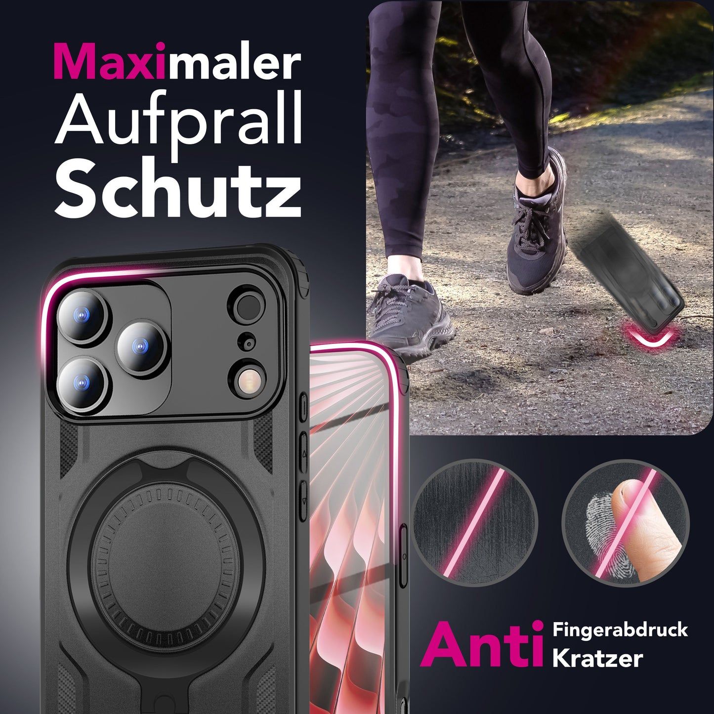 NALIA Magnetische Panzerhülle für iPhone 17 Pro – Ring-Halterung 360° & MagSafe kompatibel – STORMGUARD (Outdoor Case) – Marke aus Berlin