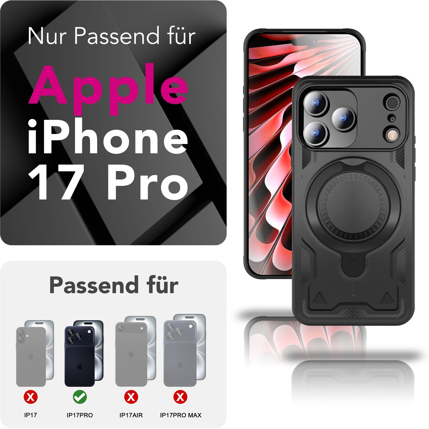 NALIA Magnetische Panzerhülle für iPhone 17 Pro – Ring-Halterung 360° & MagSafe kompatibel – STORMGUARD (Outdoor Case) – Marke aus Berlin