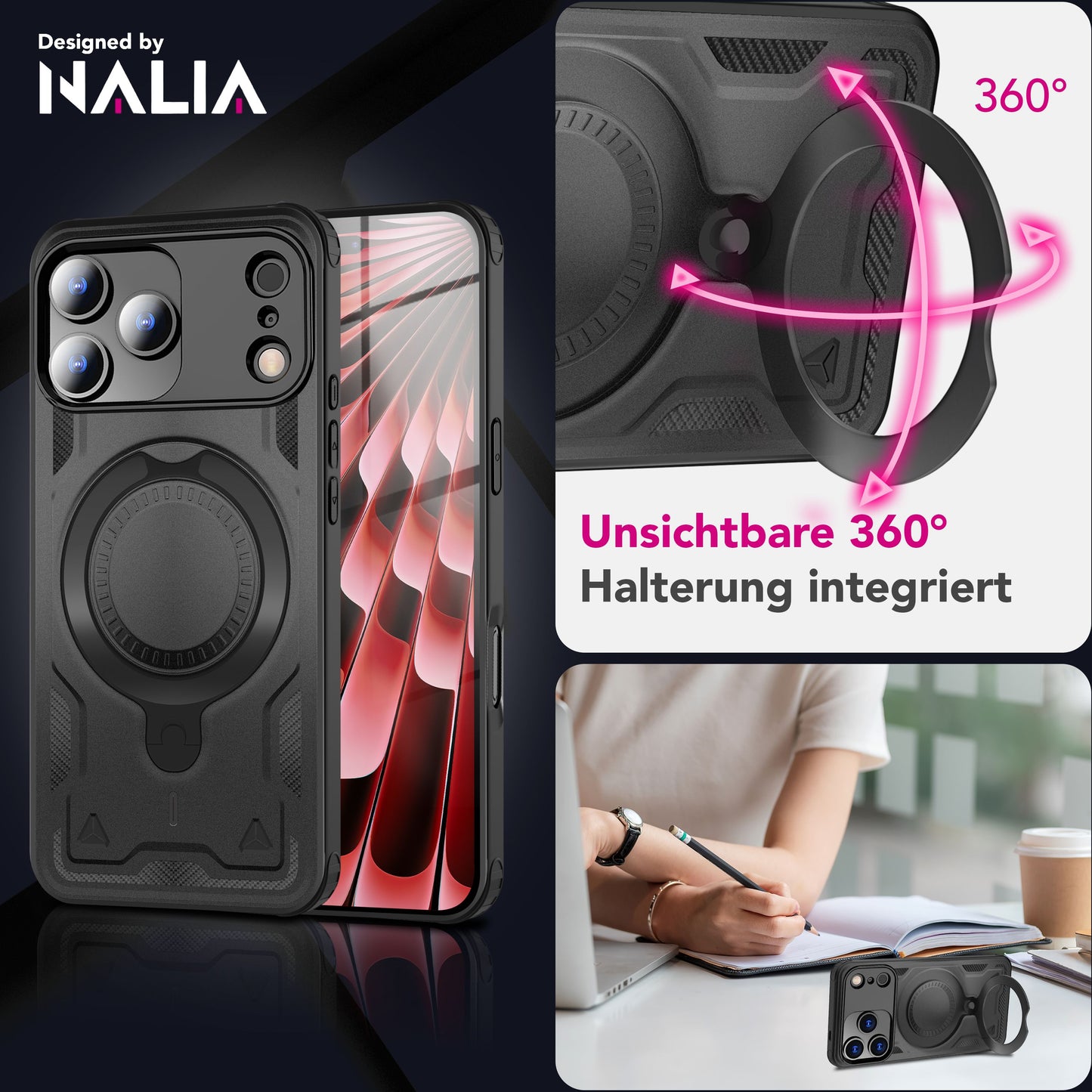 NALIA Magnetische Panzerhülle für iPhone 17 Pro – Ring-Halterung 360° & MagSafe kompatibel – STORMGUARD (Outdoor Case) – Marke aus Berlin