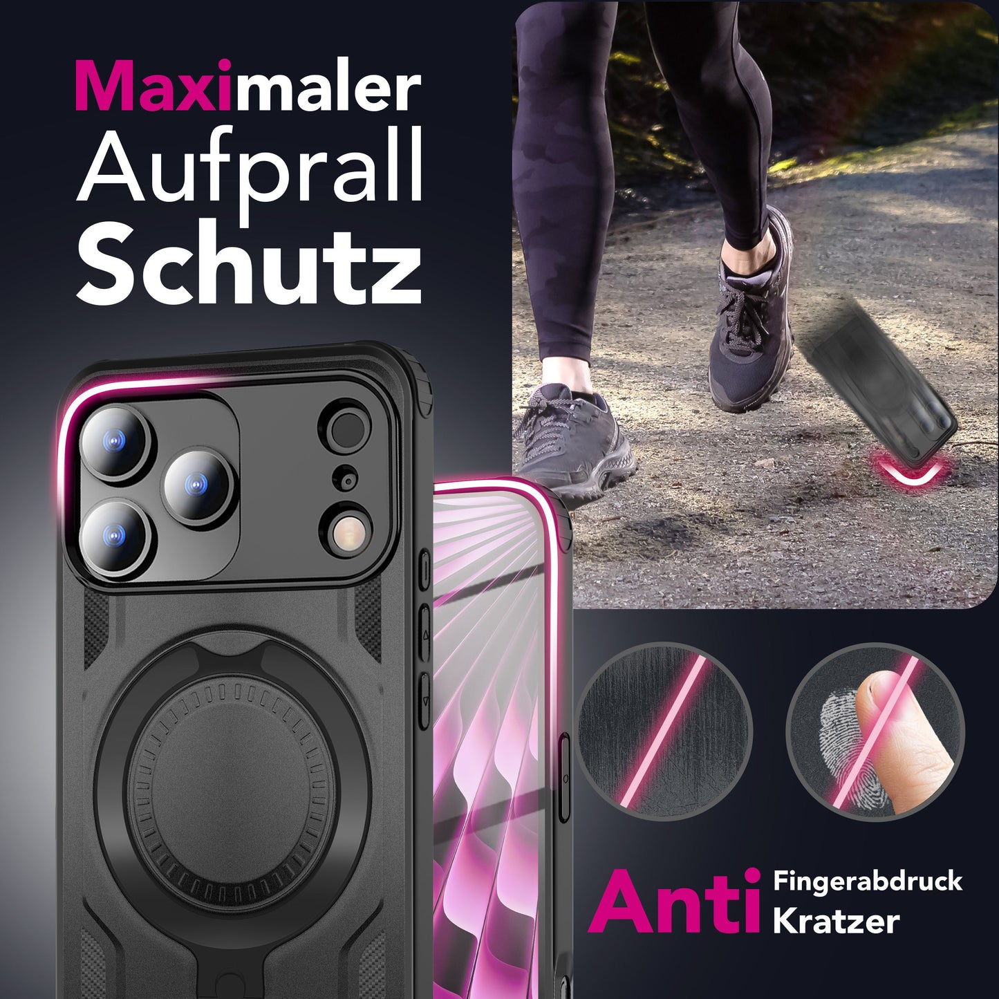 NALIA Magnetische Panzerhülle für iPhone 17 Pro Max – Ring-Halterung 360° & MagSafe kompatibel – STORMGUARD (Outdoor Case) – Marke aus Berlin